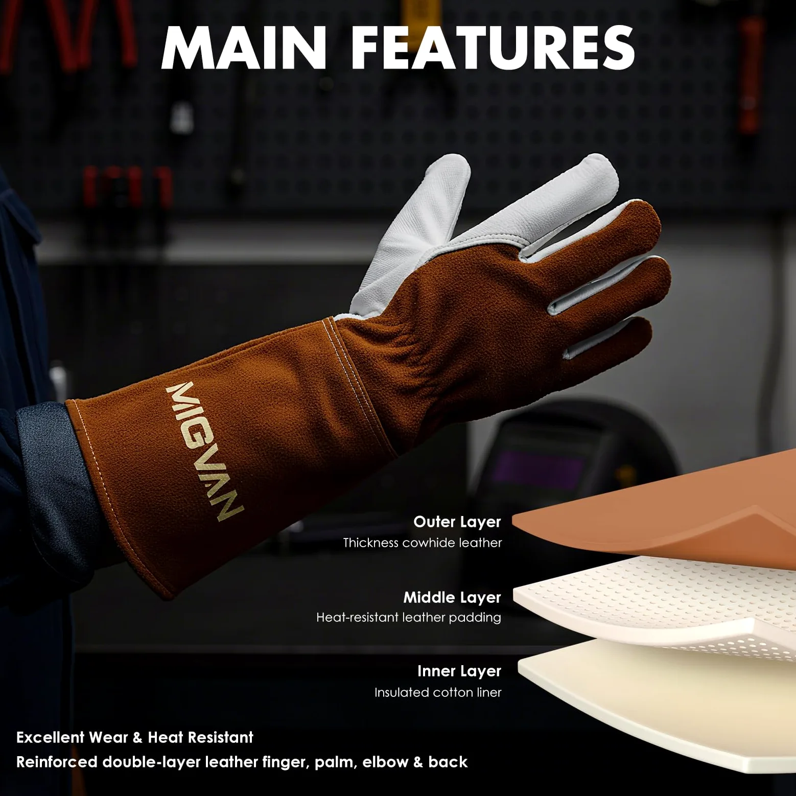 Guantes de soldadura de cuero vacuno – Guantes largos ignífugos para soldadura MIG/TIG, barbacoa, chimenea, horno y cocina – Resistentes al calor, unisex, talla M