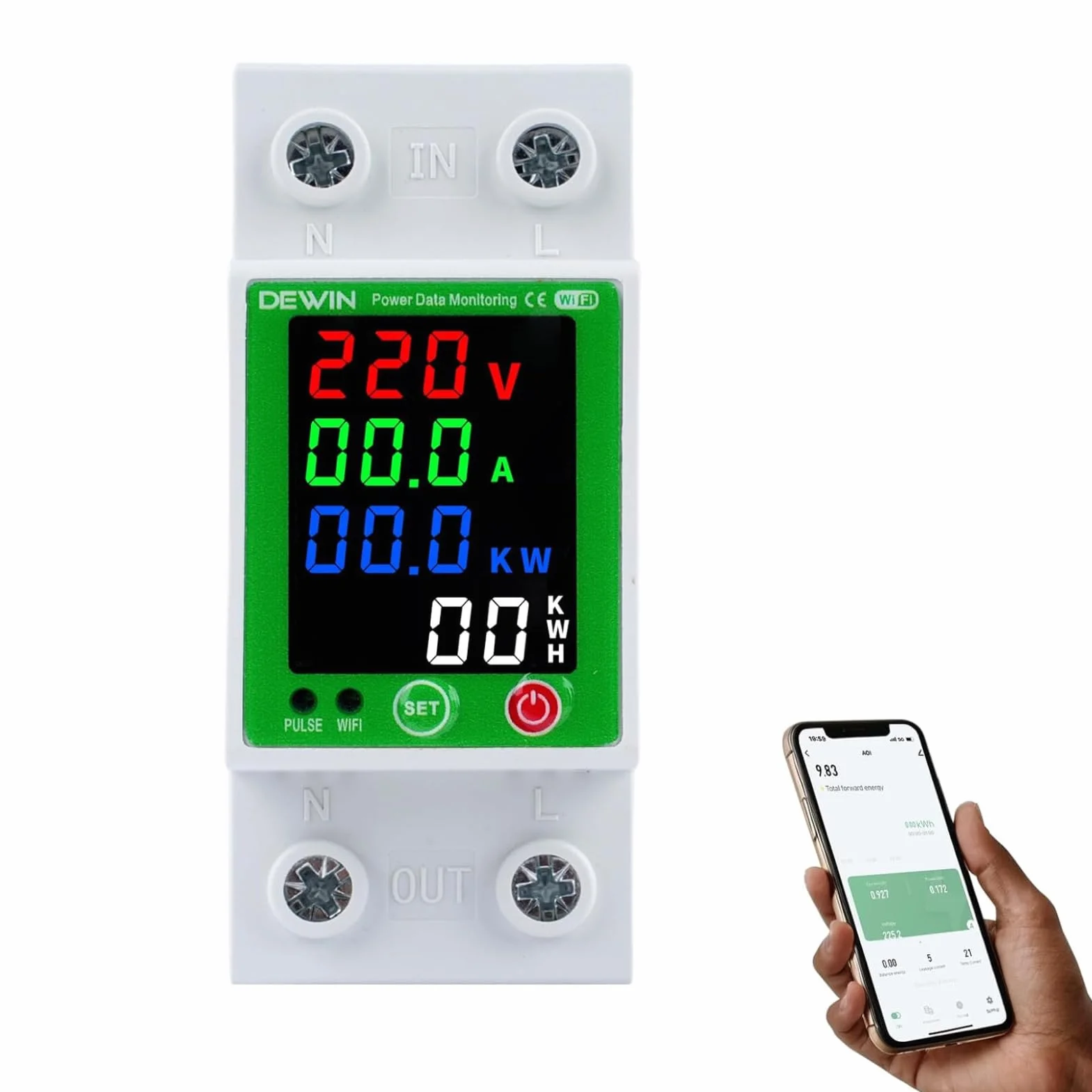 DEWIN Medidor Consumo Electrico WiFi,2P 63A 230VAC Contador Electrico Medidor de Energía Inteligente WiFi con Protección contra Sobretensión, Sobrecorriente, Fugas y Sobretemperatura