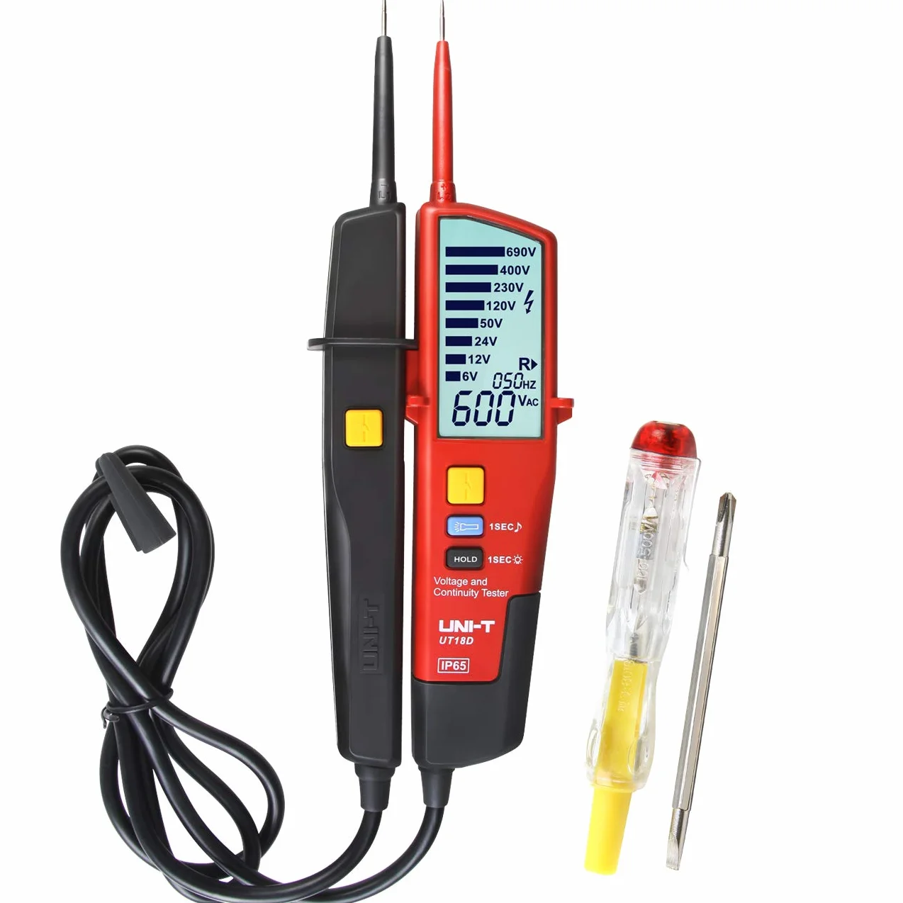 UNI-T UT18D Probador de Voltaje y Continuidad Impermeable Comprobador de Tensión de Rango Automático con Prueba de RCD y Rotación de Fase, Iluminación incorporada
