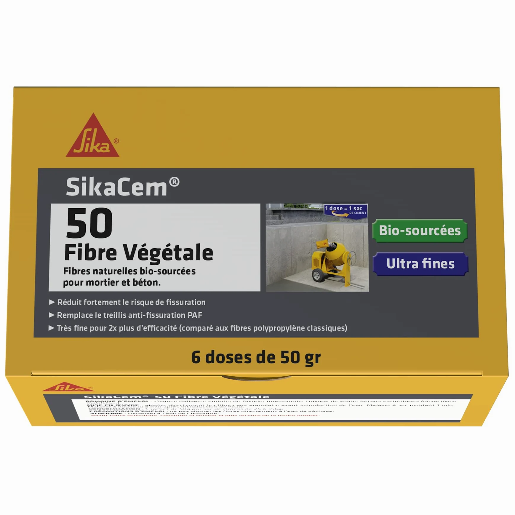 SIKA - SikaCem-50 Fibra Vegetal, Biosourced, Fibras Naturales Ultrafinas para una Mejor Dispersión y Antigrietas, para Solar, Mortero, Selladores y Hormigón, Caja de 6 Dosis = 1/2 M3 de Hormigón