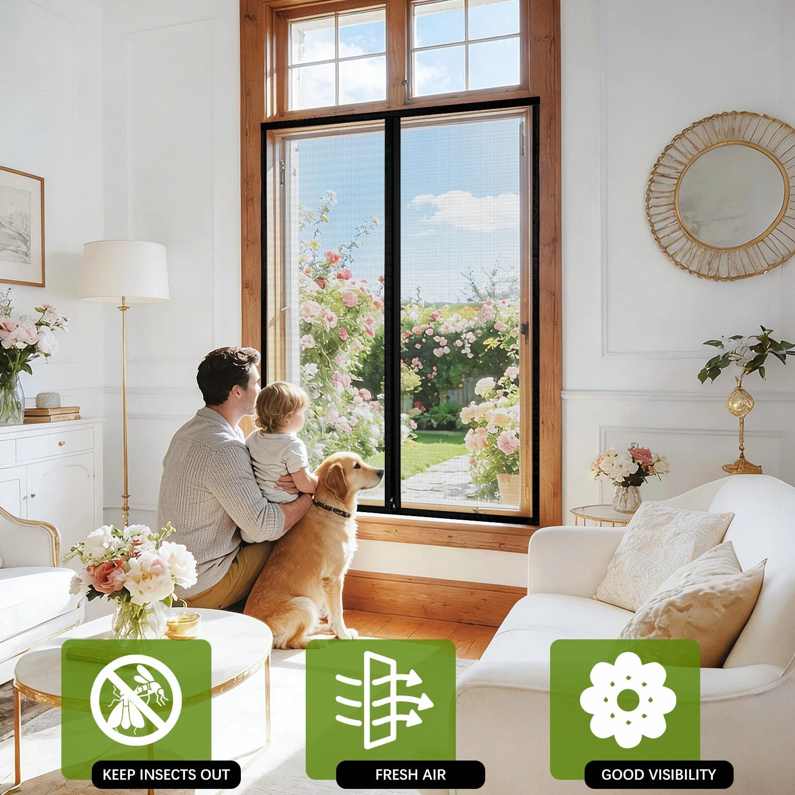 SCREEN DOOR Mosquitera para Ventanas 130x130 cm, Instalación Sencilla, Fibra de Vidrio Ignífuga y Resistente al Desgarro, Cremallera Práctica, Diseño Minimalista, Negro