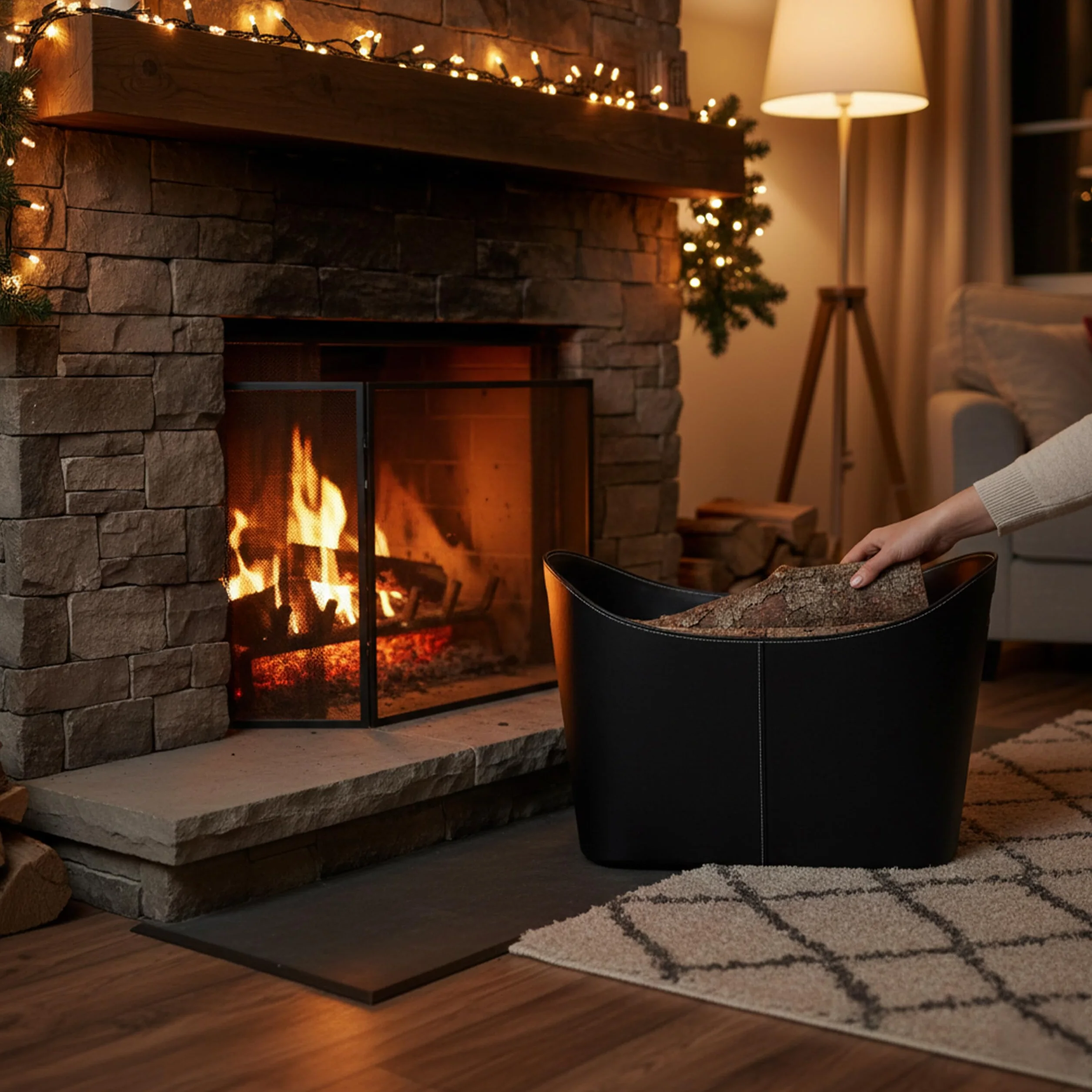 Relaxdays Cesta Leña con Asas, Leñero Interior, Cuero Sintético, 35,5 x 55 x 42,5 cm, Negro