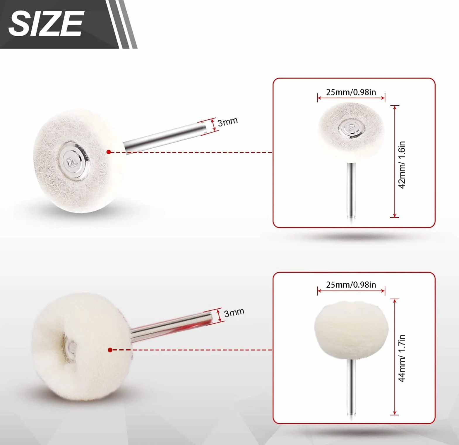 Ruedas de Pulido, 20 Piezas 25mm Herramienta de Pulido de Fieltro, Almohadilla de Pulido de Fieltro de Lana, con Mango de 3mm para Dremel, Joyería de Pulido Fino, Relojes