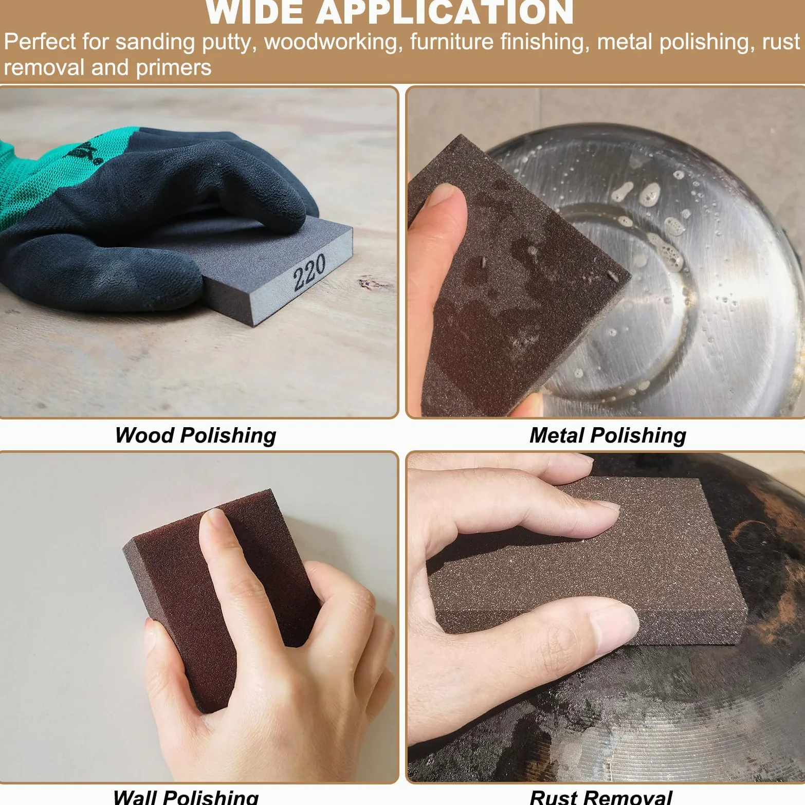 6 bloques de lijado, lavables y reutilizables, ideales para ollas, cepillo, sartén, esponja, gafas, lijado, madera, lijado de metal (grano 220)