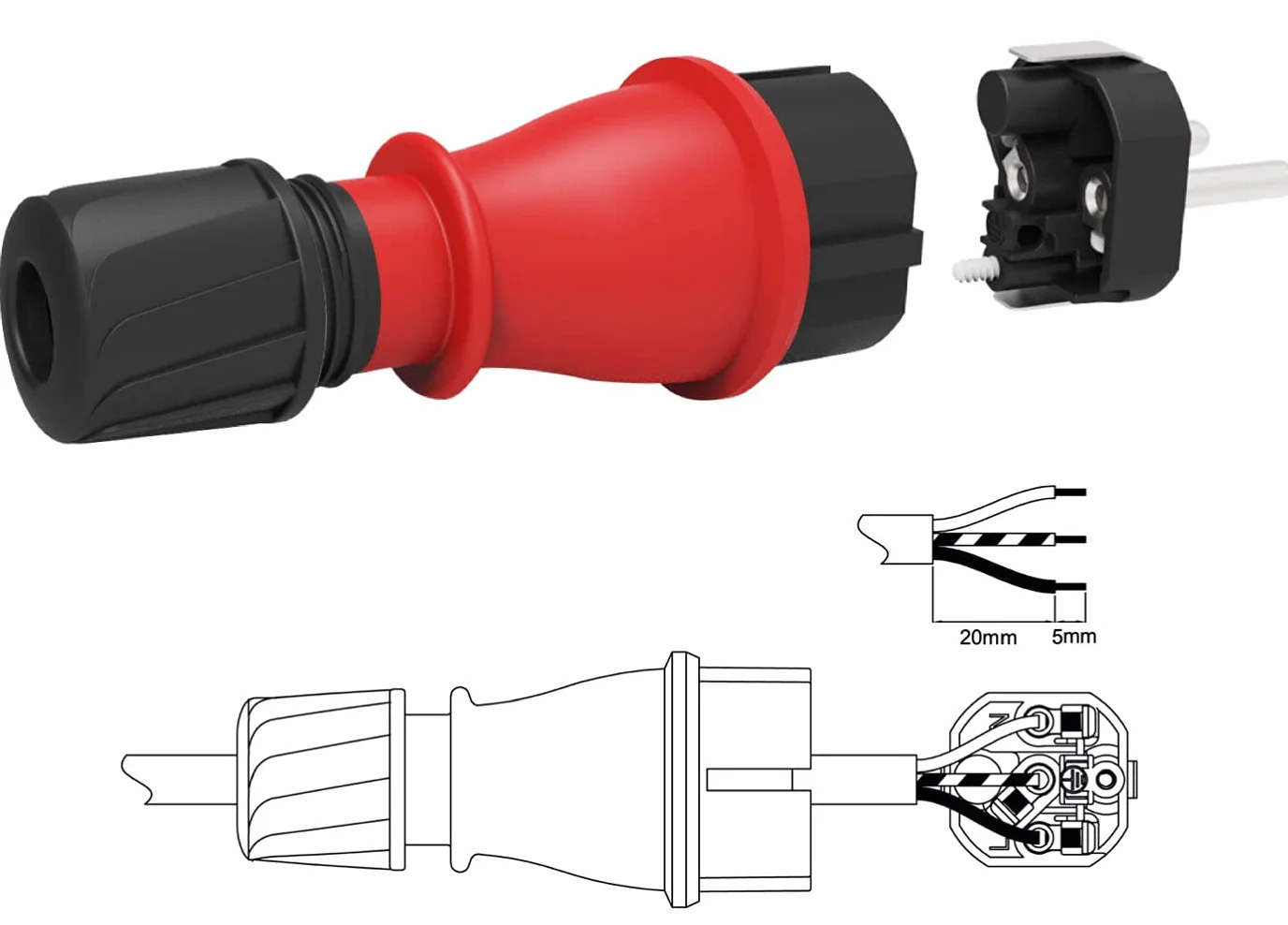 Electraline Clavija Enchufe Schuko Profesional IP54 Rojo/Negro