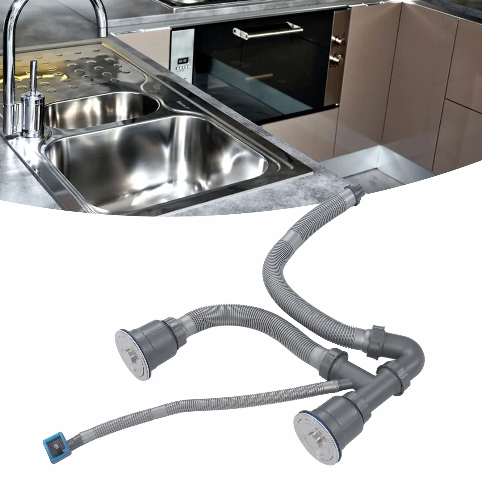 Kit Desague de Tubería Doble para Fregadero Universal, Taza Interior de Acero Inoxidable, Sifon Doble Fregadero de Escurridor Adecuado para El Hogar, Cocina, Drenaje Rápido