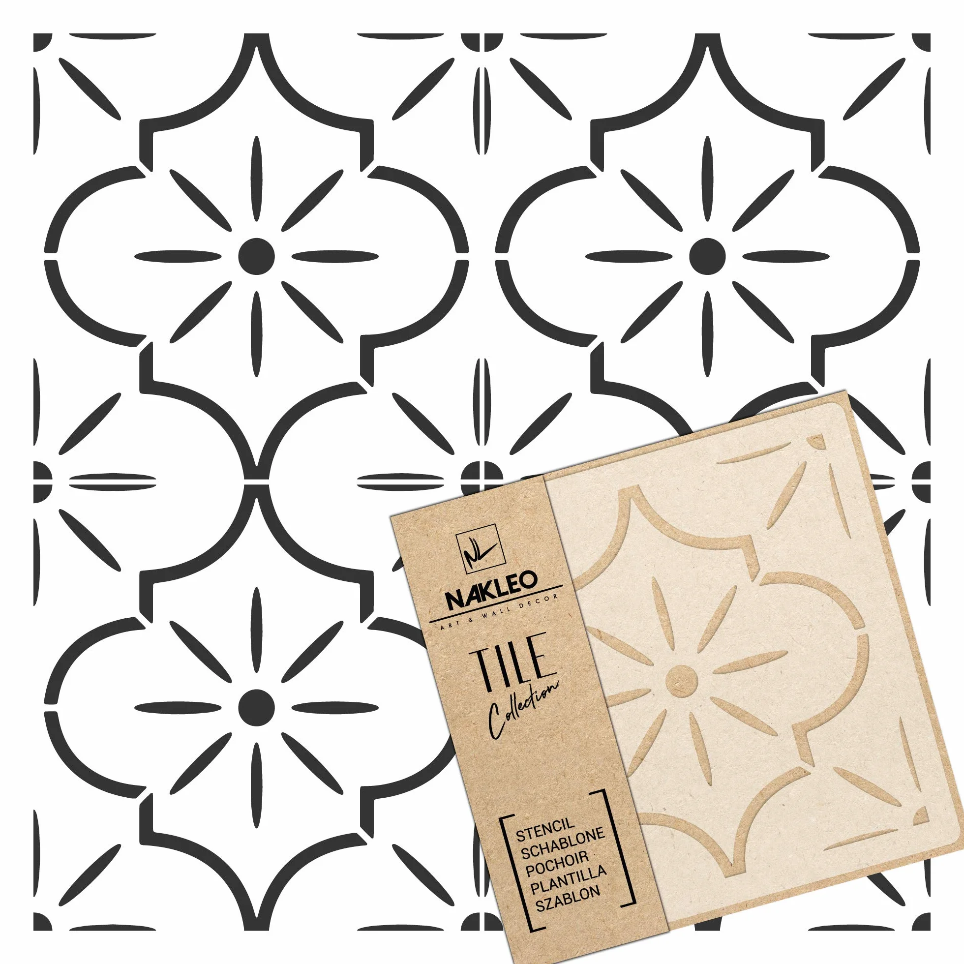 NAKLEO Lucca Tile Plantilla de plástico reutilizable – 33x33cm - Morisco Floral Español - Geométrico marroquí - Adoquín Bloque Concreto Piso Pared Pintura Plantilla Madera