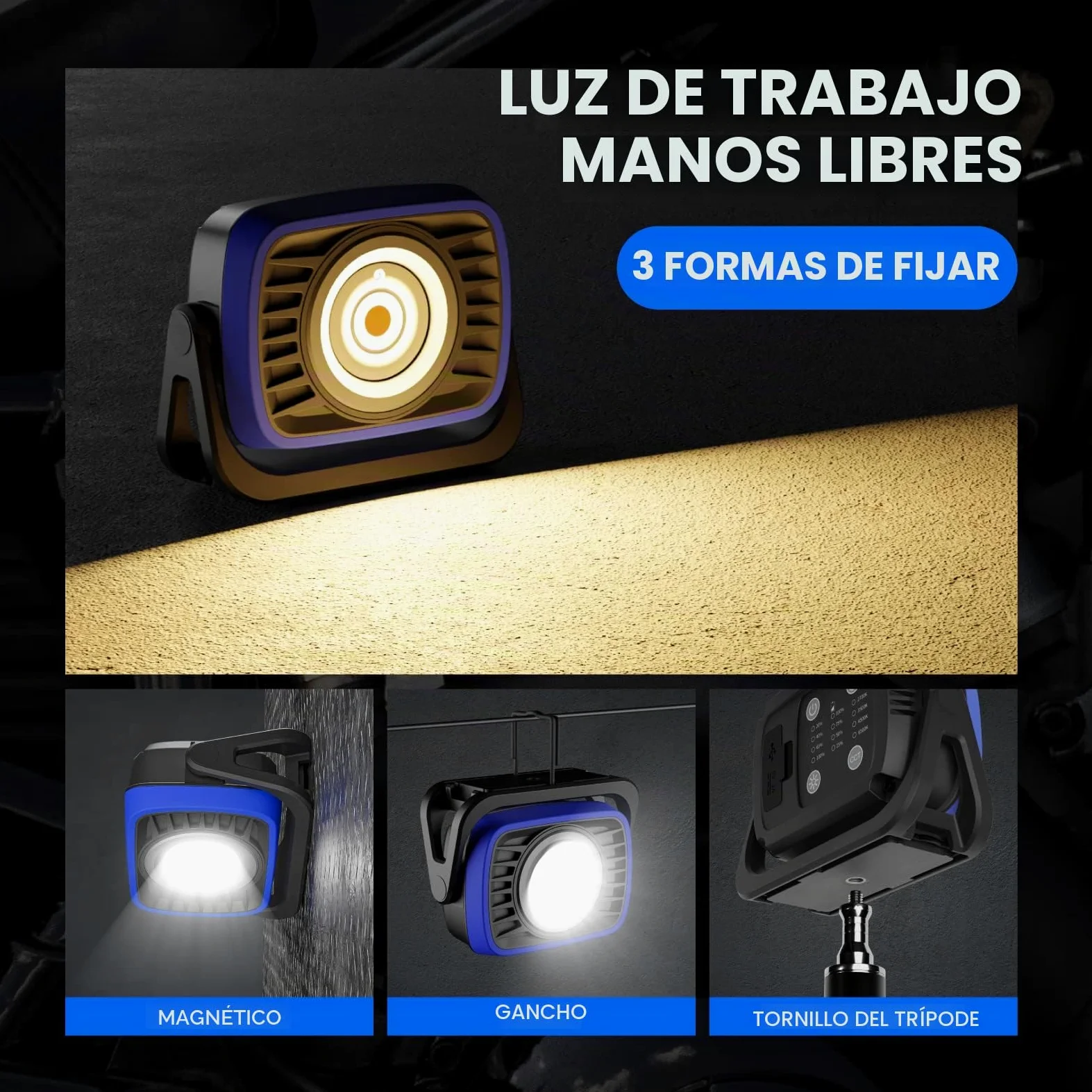Foco de Trabajo LED Recargable, Luz de Trabajo Portátil Magnética LED COB 2000Lm, 4 Colores de Iluminación, Para Reparación de Automóviles Construcción Camping
