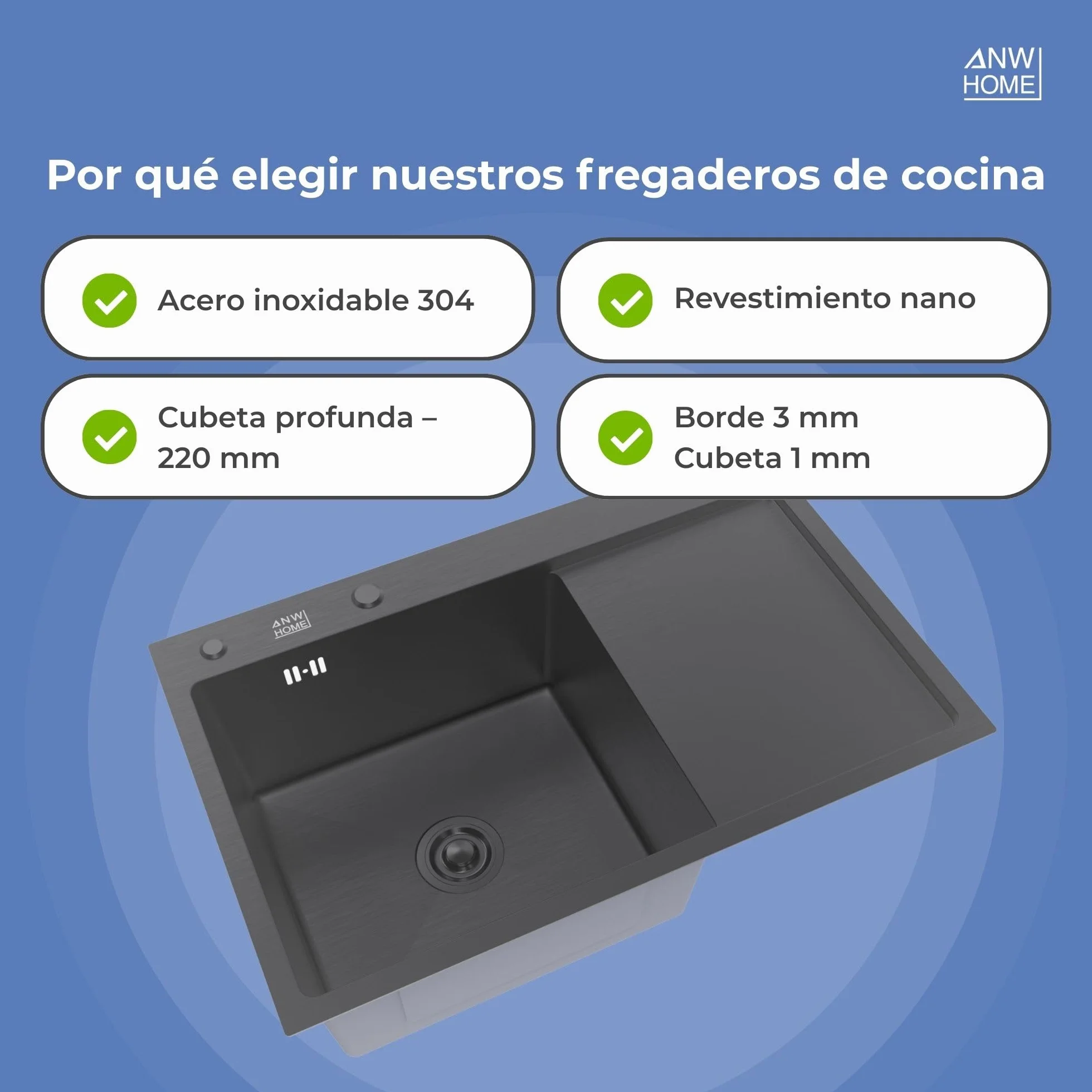 ANW HOME Fregadero Cocina 1 Seno Sobre Encimera con Escurridor, Acero Inoxidable 304, 78x50 cm, Grafito PVD, Acabado con Nano-Revestimiento, Grosor 3.0+1 mm, 22 cm, con Sifón, Dosificador y Cesta