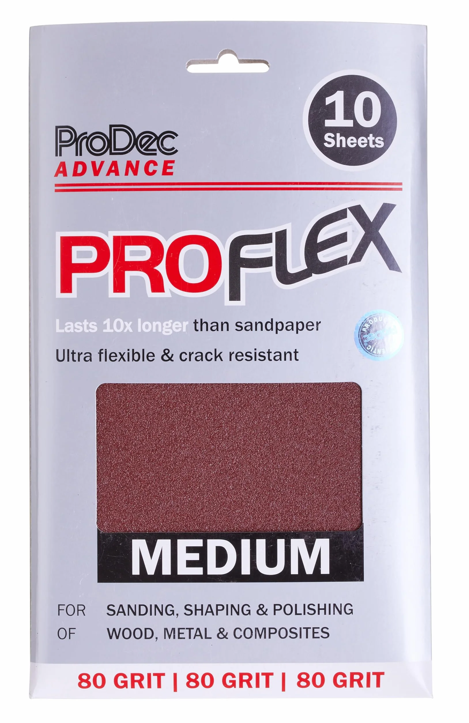 ProDec Advance 10 Hojas Lijado Grano 80, Proflex, Flexible, Resistente Grietas, Múltiples Usos, 9"x5.5"