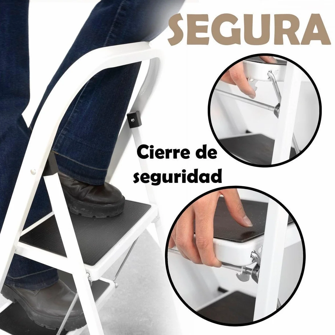 LOLAhome - Escalera Plegable de 2 peldaños Antideslizantes en Acero Blanco de 82 cm. Diseño Seguro y Ligero con asa, soporta 150 kg. Alcanza altillos o cuelga Cortinas fácilmente.