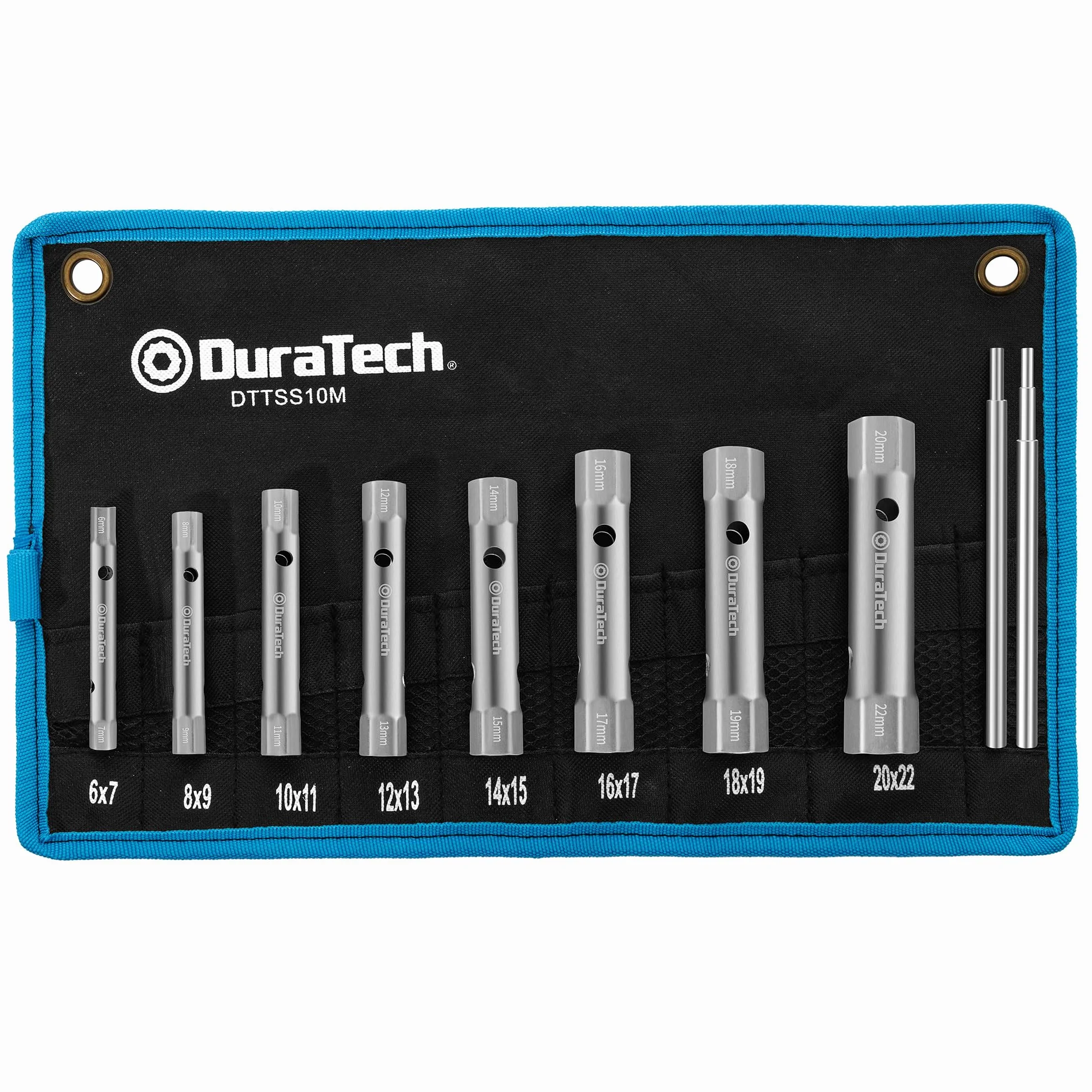 DURATECH Juego de 10 llaves de tubo con 2 barras de palanca, métrico, 6-22 mm, juego de llaves para contratuercas para fontanería, instalaciones y reparaciones de vehículos