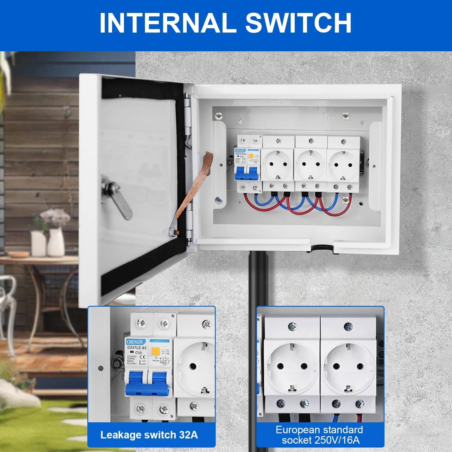 Caja Electrica de Superficie con Protector de Fuga 2P 32A y 2 * Tomas de Corriente 250V/16A, Caja de Distribución con Protección Contra Sobretensiones 2P 400V 20~40kA para Cableado - 8 Módulos