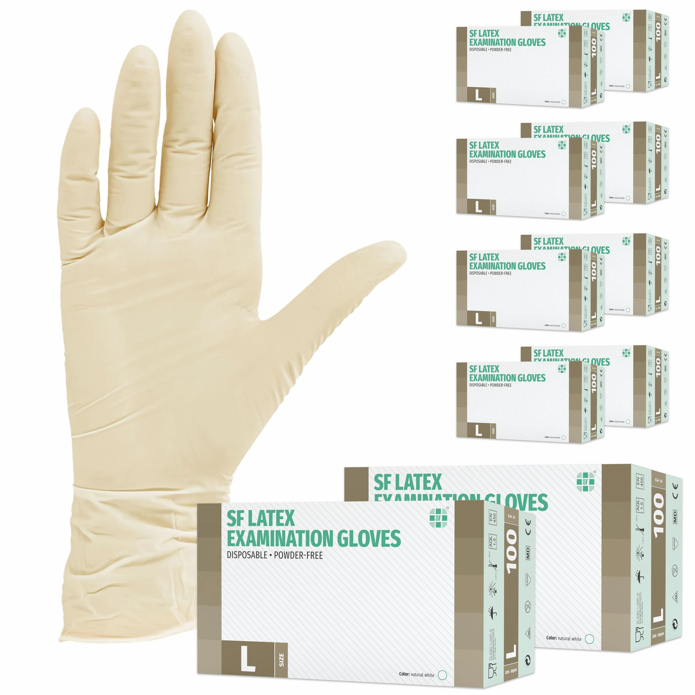 SF Guantes de látex desechables sin polvo – L, blancos, 1000 (10x100) unidades, elásticos y resistentes para medicina, limpieza y uso profesional