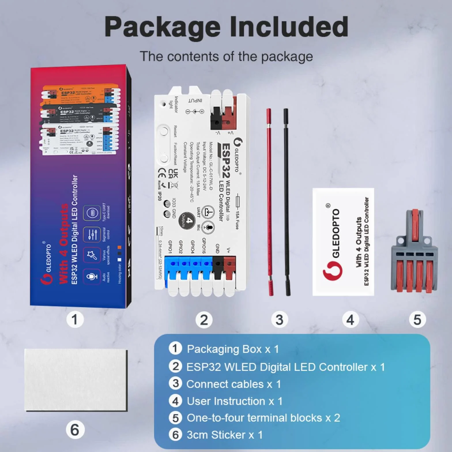 Controlador LED WiFi 4 vías ESP32 WLED Compatible Alexa Google Home Tiras LED RGB 5-24V 15A GL-C-017WL-D