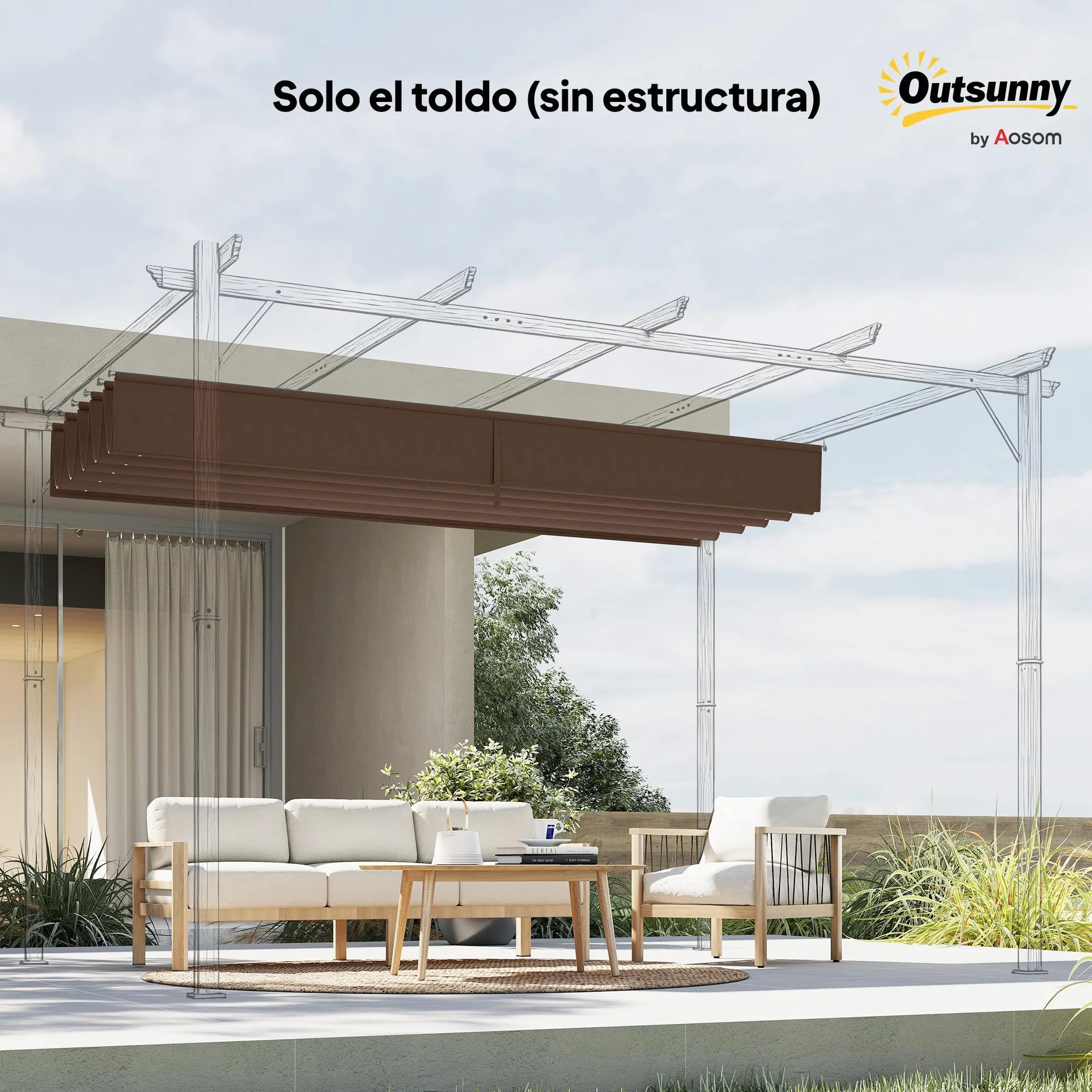 Outsunny Techo de Pérgola 3,5x2,6 m, Repuesto Retráctil UV30+, Toldo Jardín Café