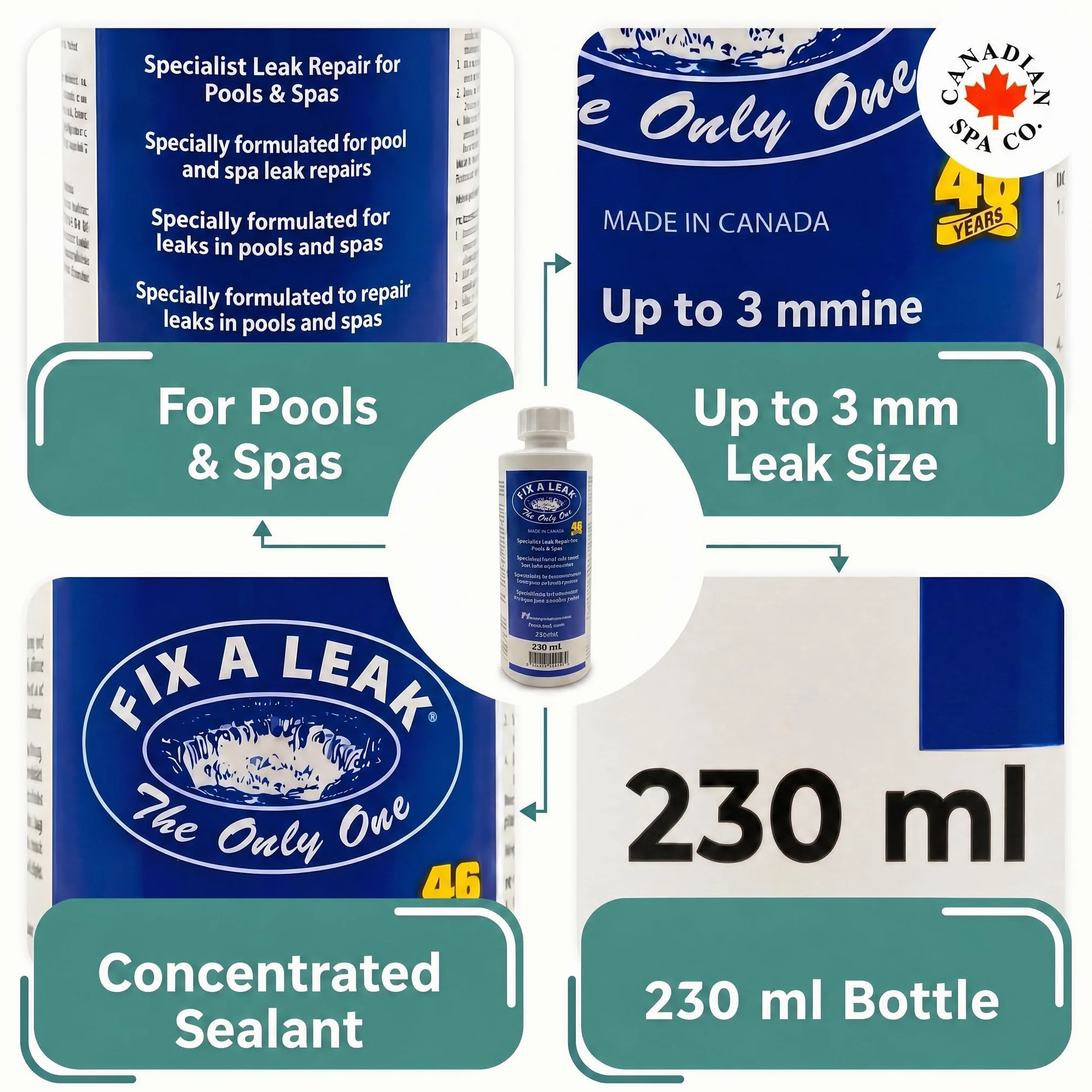 CANADIAN SPA CO. Fix-a-Leak, producto anti-fugas, 230 ml, sellador para piscinas y spas, sella fugas de hasta 3 mm, fácil de usar sin necesidad de desmontar