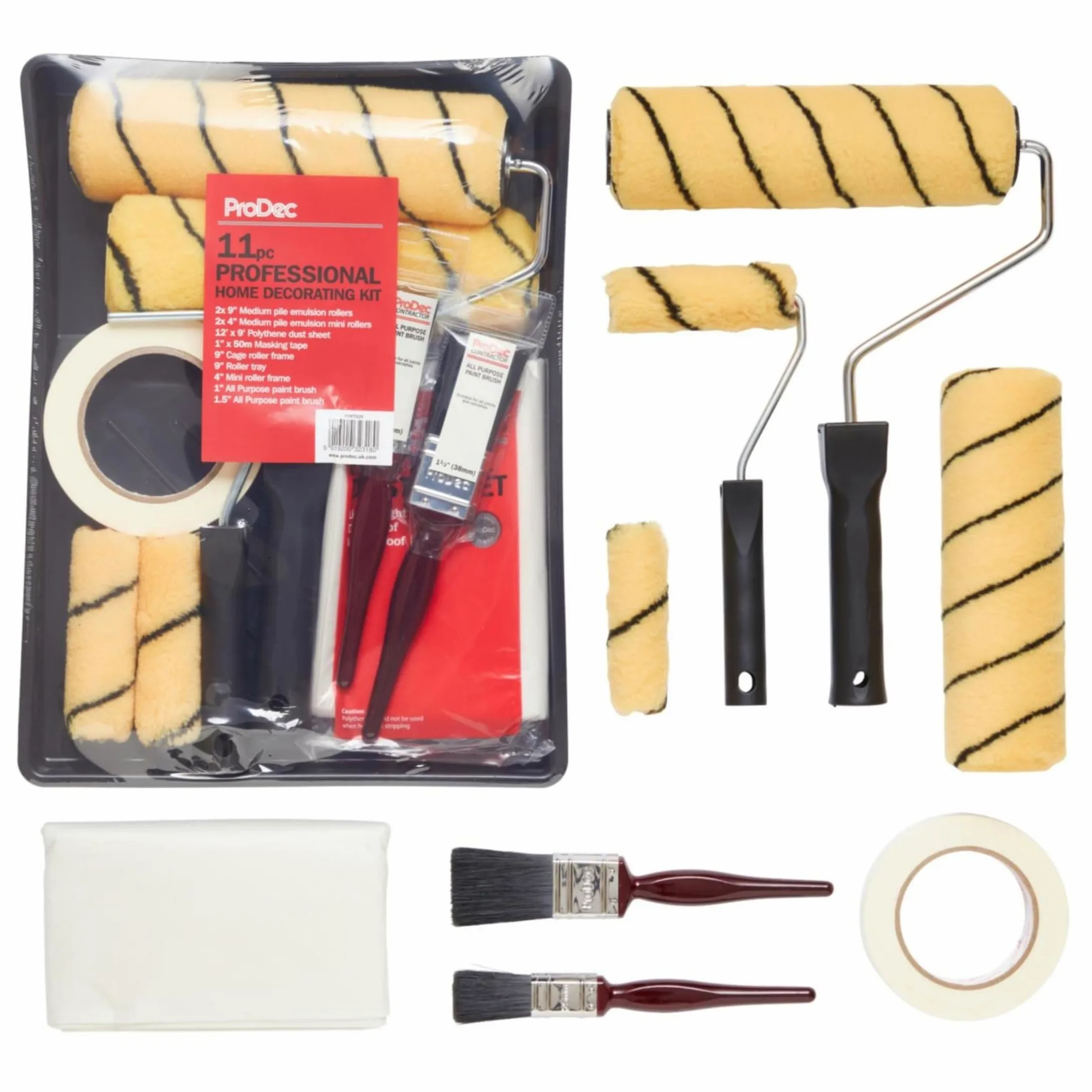 ProDec Juego de 11 rodillos y bandejas profesionales para decoración del hogar con brochas de pintura, hoja para el polvo, cinta adhesiva - Juego de rodillos para pintar paredes y techos con emulsión