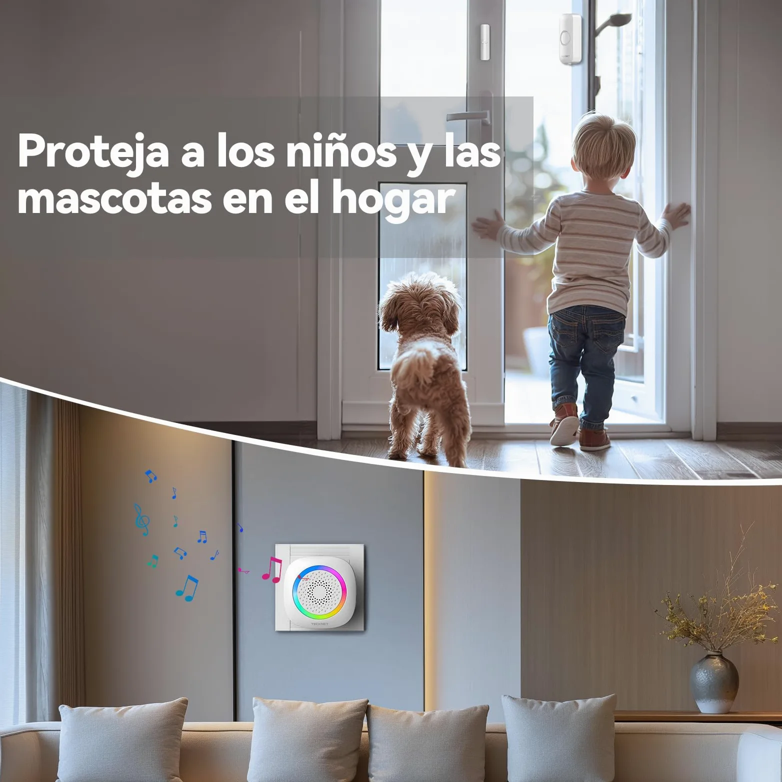 TECKNET Alarma Casa con Timbre Y Sensor Apertura Puerta Magnético, 2*Sensor | Alcance de 300m, 61 Melodías, Indicador RGB, Sistema de Seguridad para Hogar, Tienda u Oficina