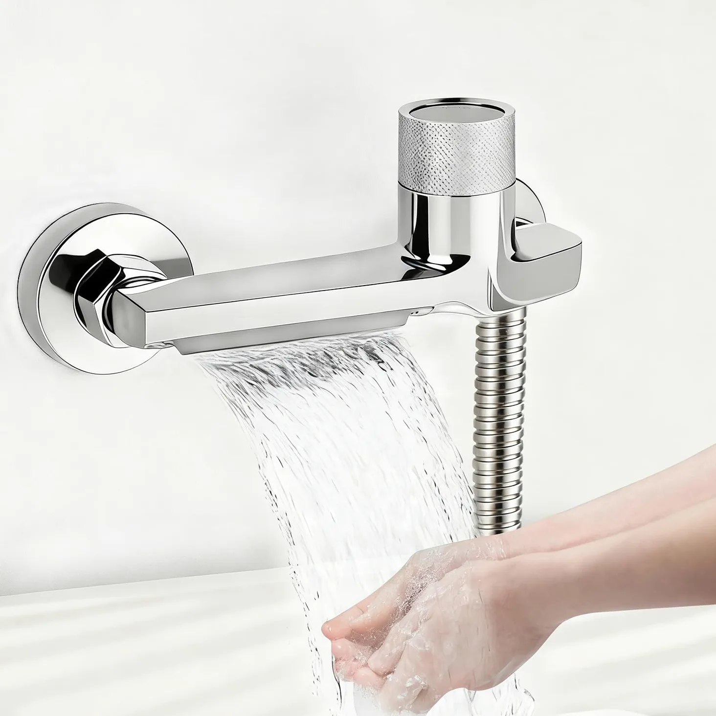 Grifo de bañera cascada con termostato de 2 salidas, grifo de ducha con botón de seguridad, grifo mezclador para bañera y ducha, montaje en pared, grifería para bañera y baño, cromado
