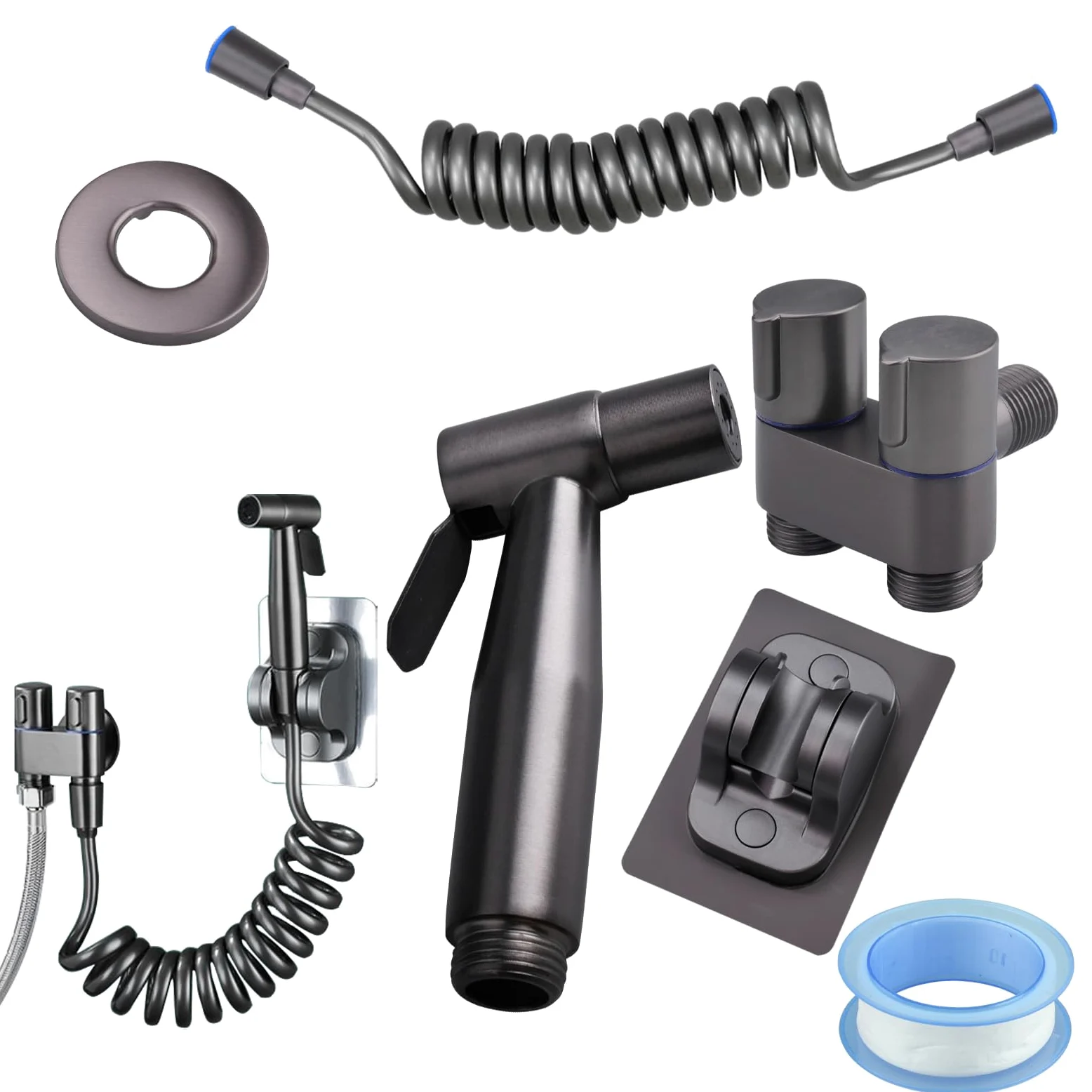 Grifo Bidet para WC Bidet Kit Edelstahl Ducha Higienica mit Soporte Tubo de Resorte Adhesivo Pulverizador de Válvula de Doble Control Para Inodoro Ducha de Mano Para Baños y Aseos