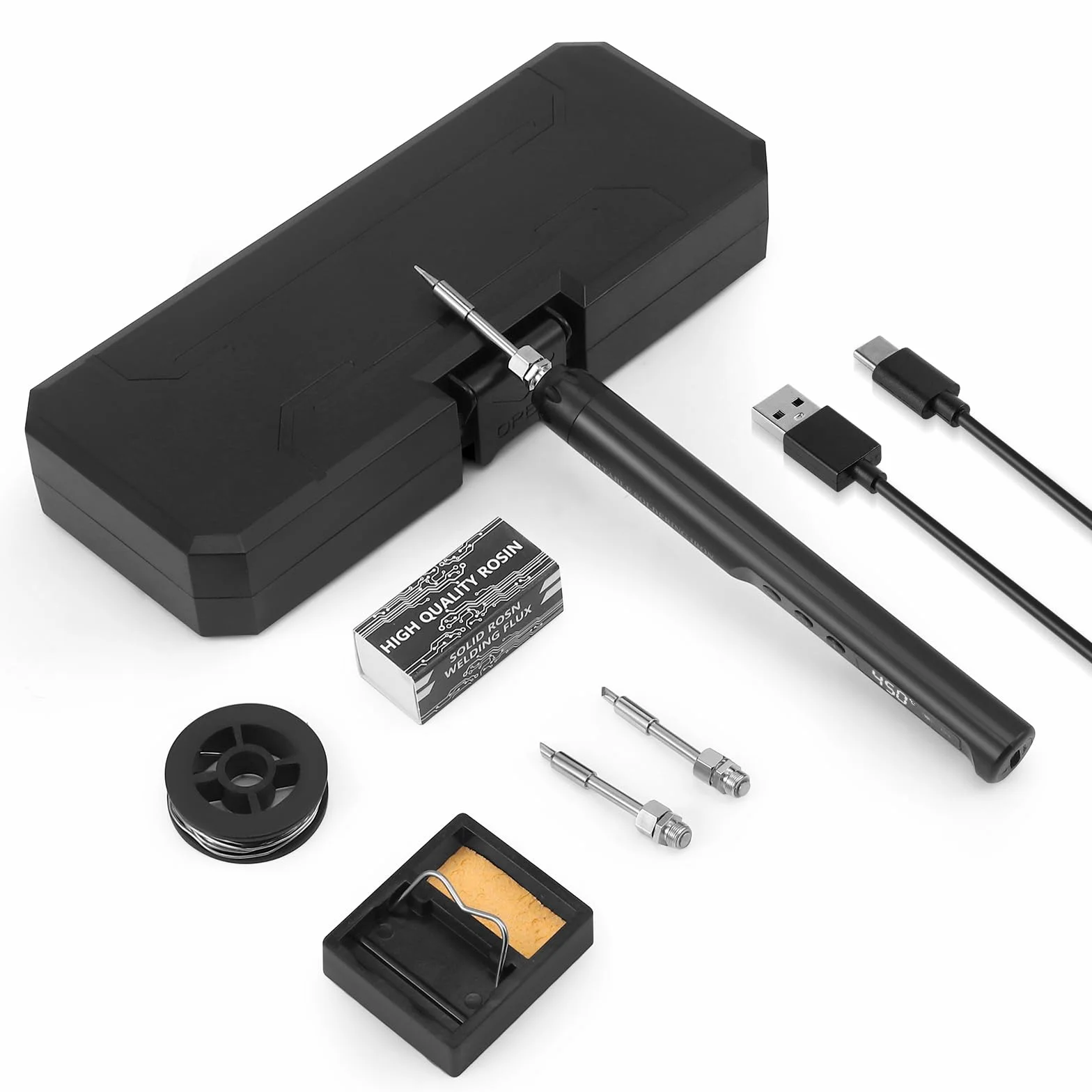 Set soldador estaño, Juego de soldador recargable por USB con pantalla LCD, temperatura ajustable de 200 a 450 °C, 3 puntas, alambre de soldadura, soldador y pasta de soldadura para soldar electronica