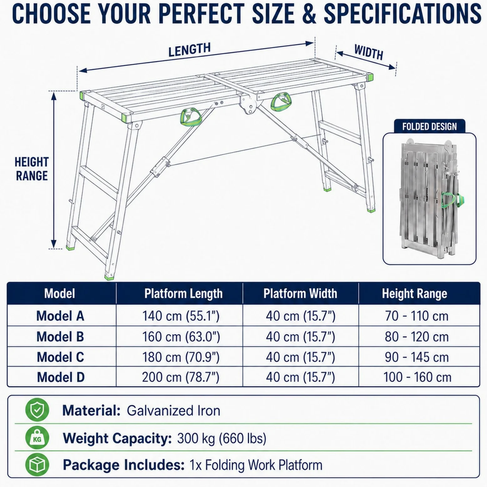 Plataforma de andamio 300 kg, Ajustable en Altura 4 Niveles, escalón Plegable de Hierro galvanizado para reformas y Trabajos de Pintura 160cm