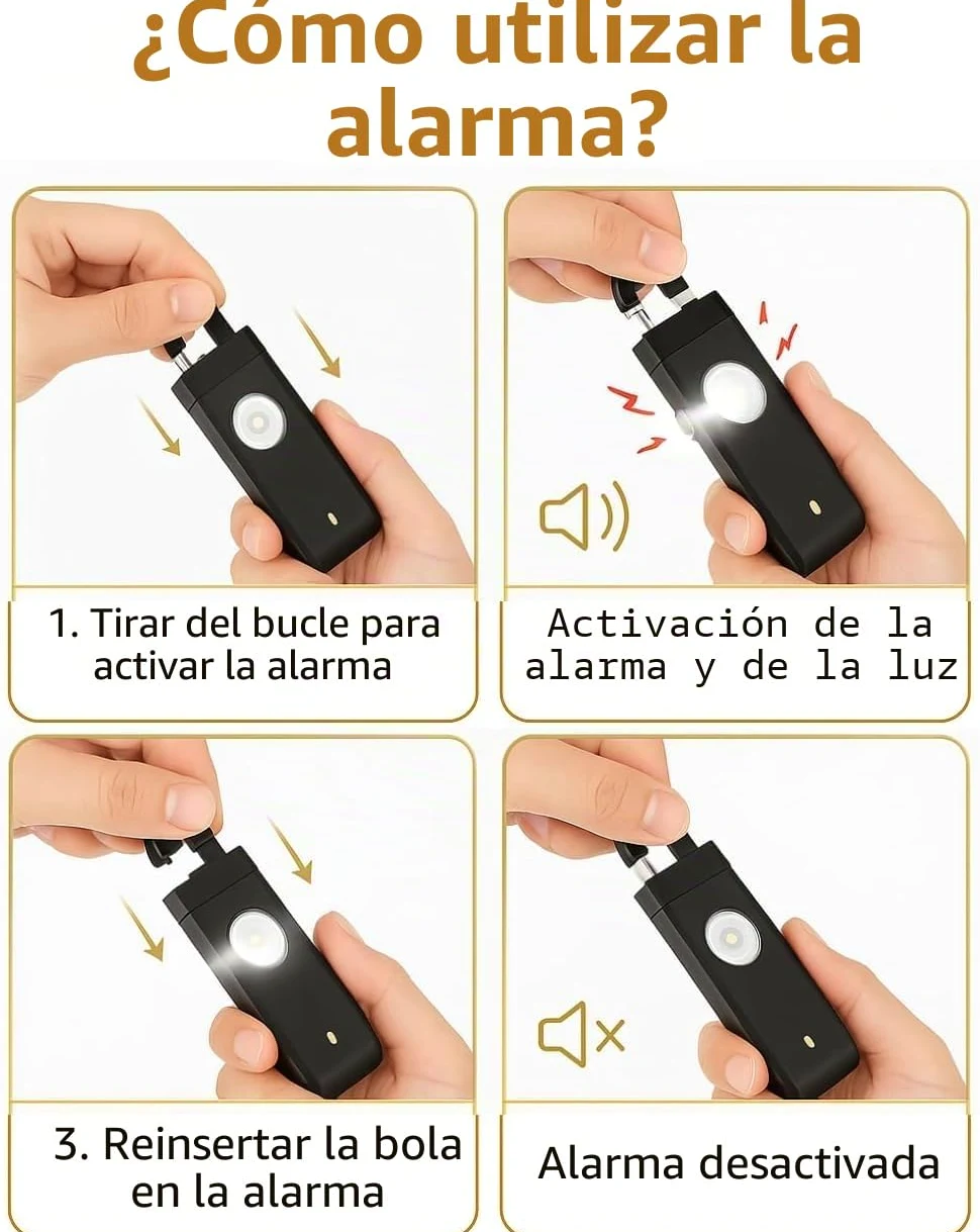 Alarma de bolsillo, alarma personal de seguridad de emergencia de 130 decibelios con luces, color negro