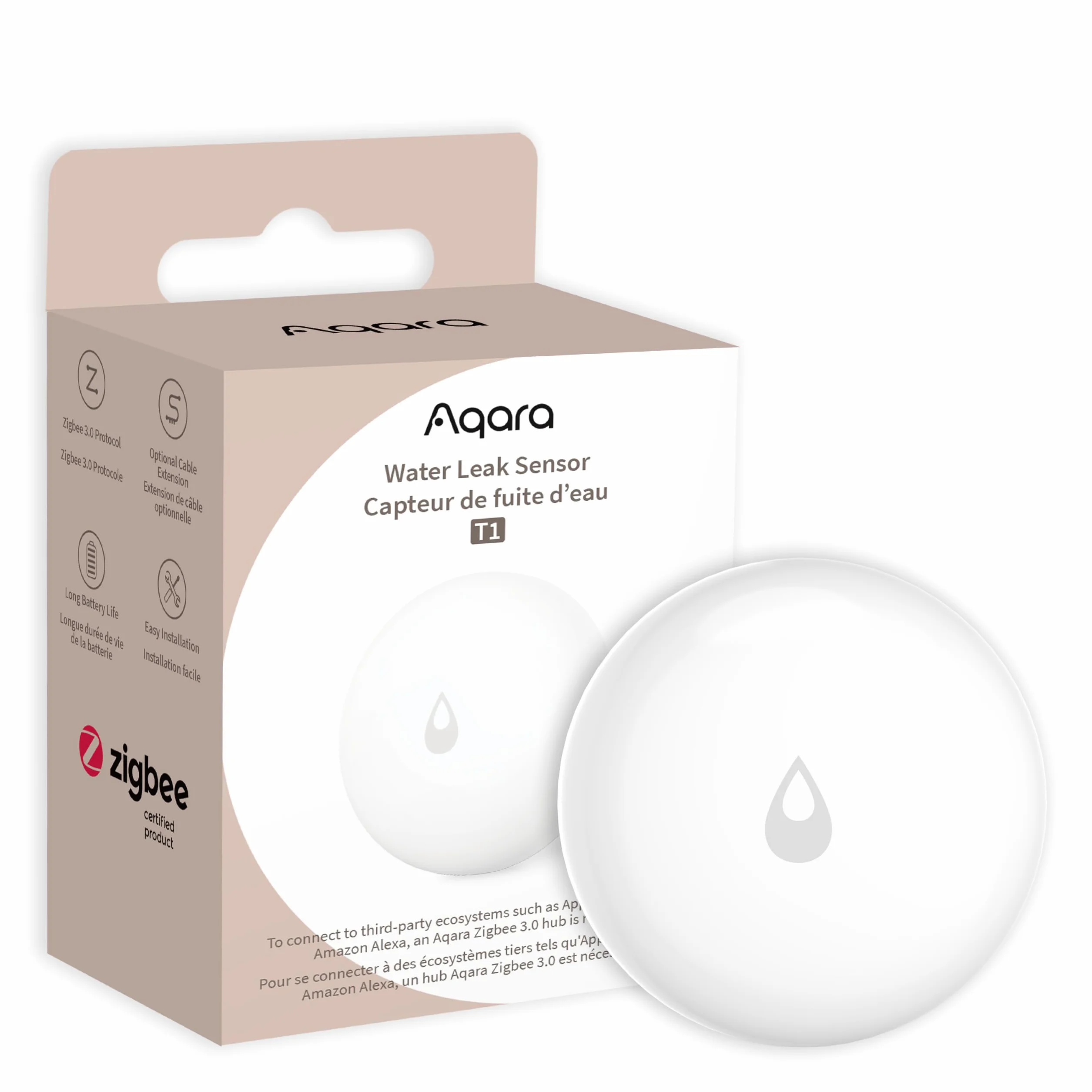 Aqara Sensor de Inundación T1, Requiere AQARA HUB Zigbee 3.0, alertas instantáneas de inundación, Compatible con Apple Home, Alexa y Google Home, protección inalámbrica para baño y Cocina