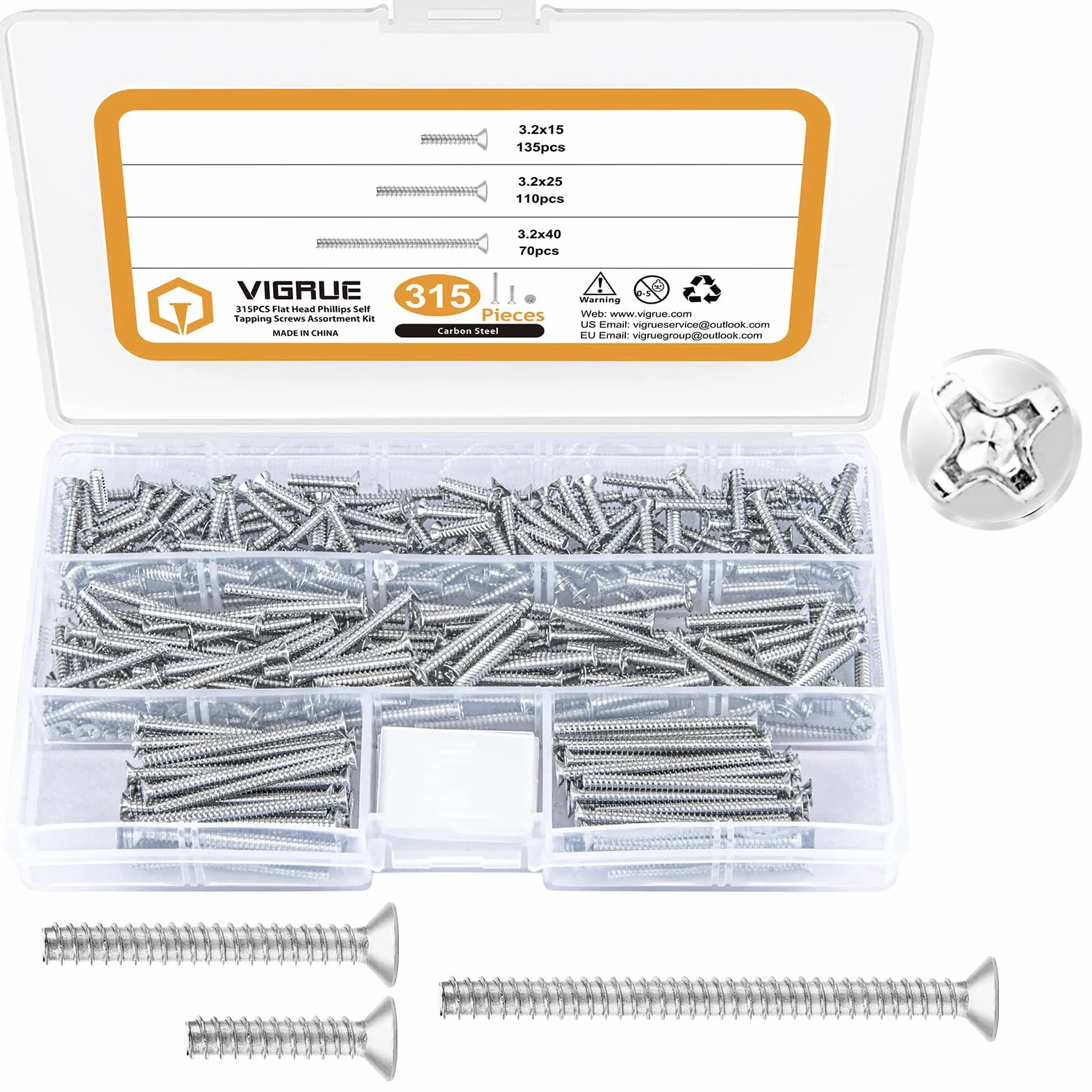 VIGRUE 315 tornillos para cajas de interruptor, caja surtida, diámetro de 3,2 x 15 mm, 3,2 x 25 mm, 3,2 x 40 mm, tornillos avellanados de acero galvanizado con cruz, para reparación de enchufes