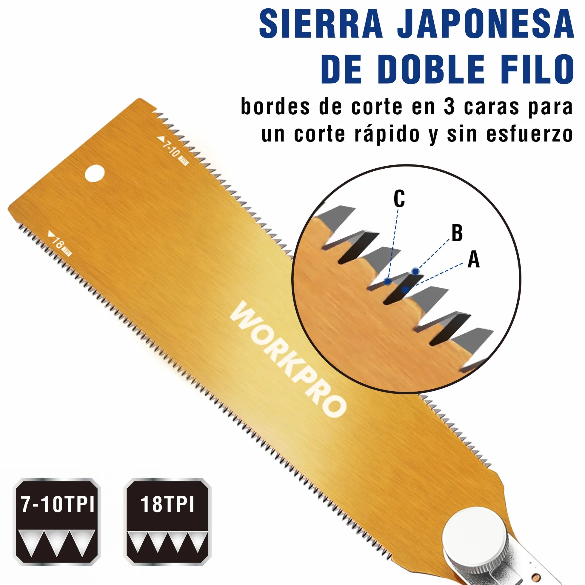 WORKPRO Sierra Japonesa de 250 mm, Sierra de Doble Filo 18TPI/7-10TPI, Hoja SK5 Flexible y Reemplazable, Sierra Madera con Mango Ergonómico de Haya, Perfecta para Carpintería y Trabajos de Madera