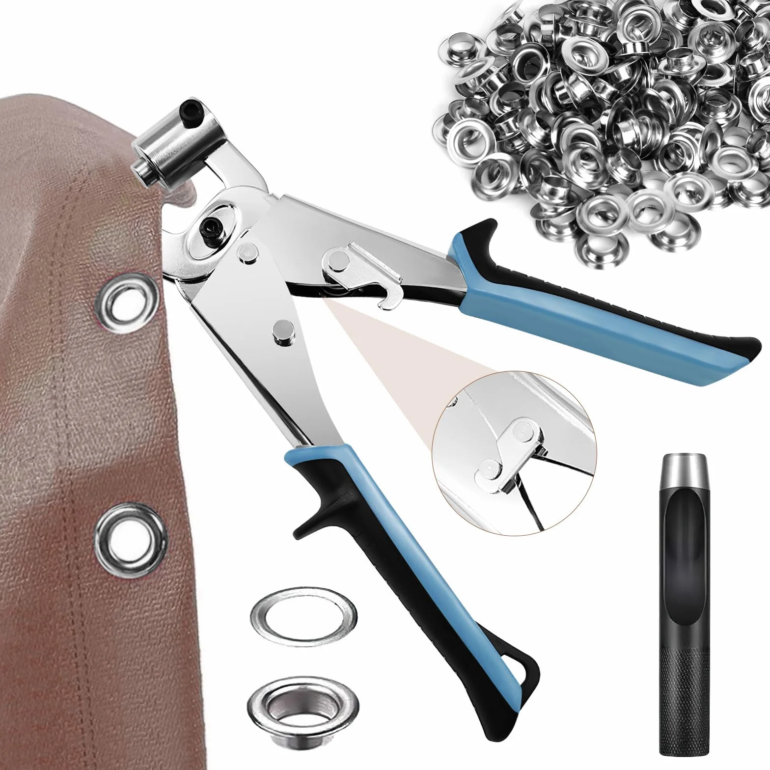 Remachadora para Ojales con 400 Ojetes Metálicos Metálicos (Ø10mm), Alicates de Ojales, para lonas, PVC, Prendas de Vestir y Bolsas(Con 1 Perforadora)