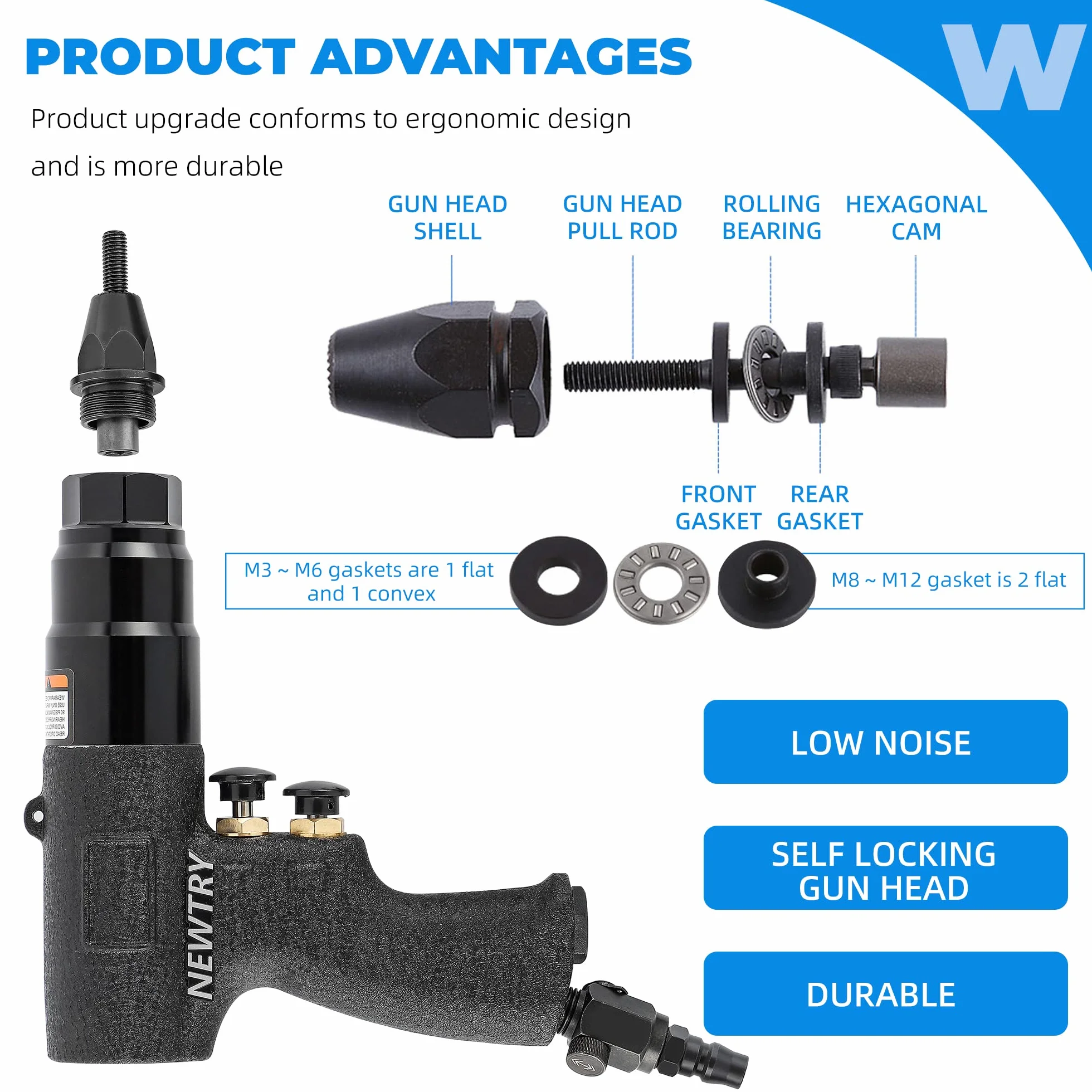 NEWTRY Kit de configuración de tuerca de remache neumático Pistola de remache de tuerca de tracción de aire Herramienta de remachado Remachadora 1/4 (Pistola 6065 con cabezal M4, M5, M6)