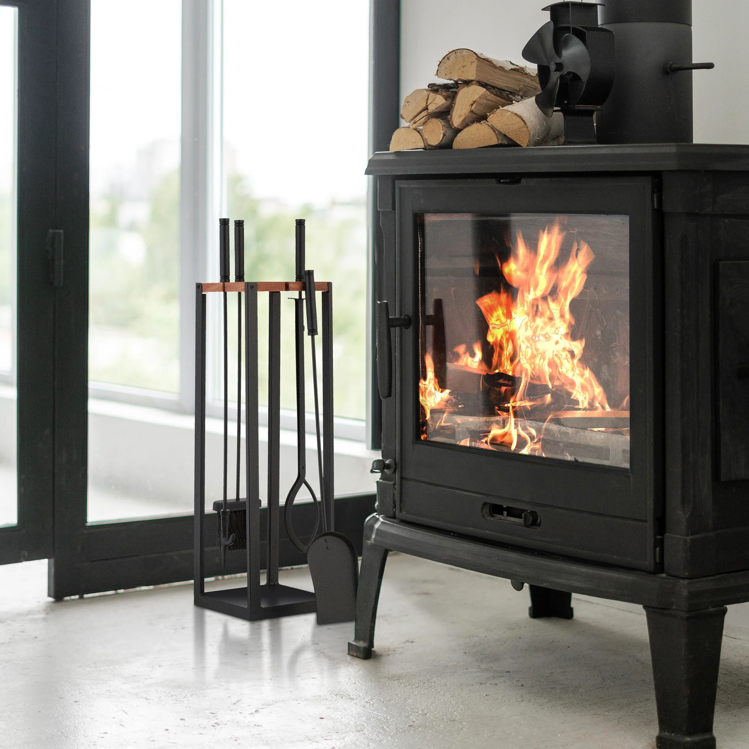 Relaxdays Accesorios Chimenea 5 Piezas, Juego de Estufa con Atizador, Pinzas, Escoba, Pala y Soporte, Negro/Marrón
