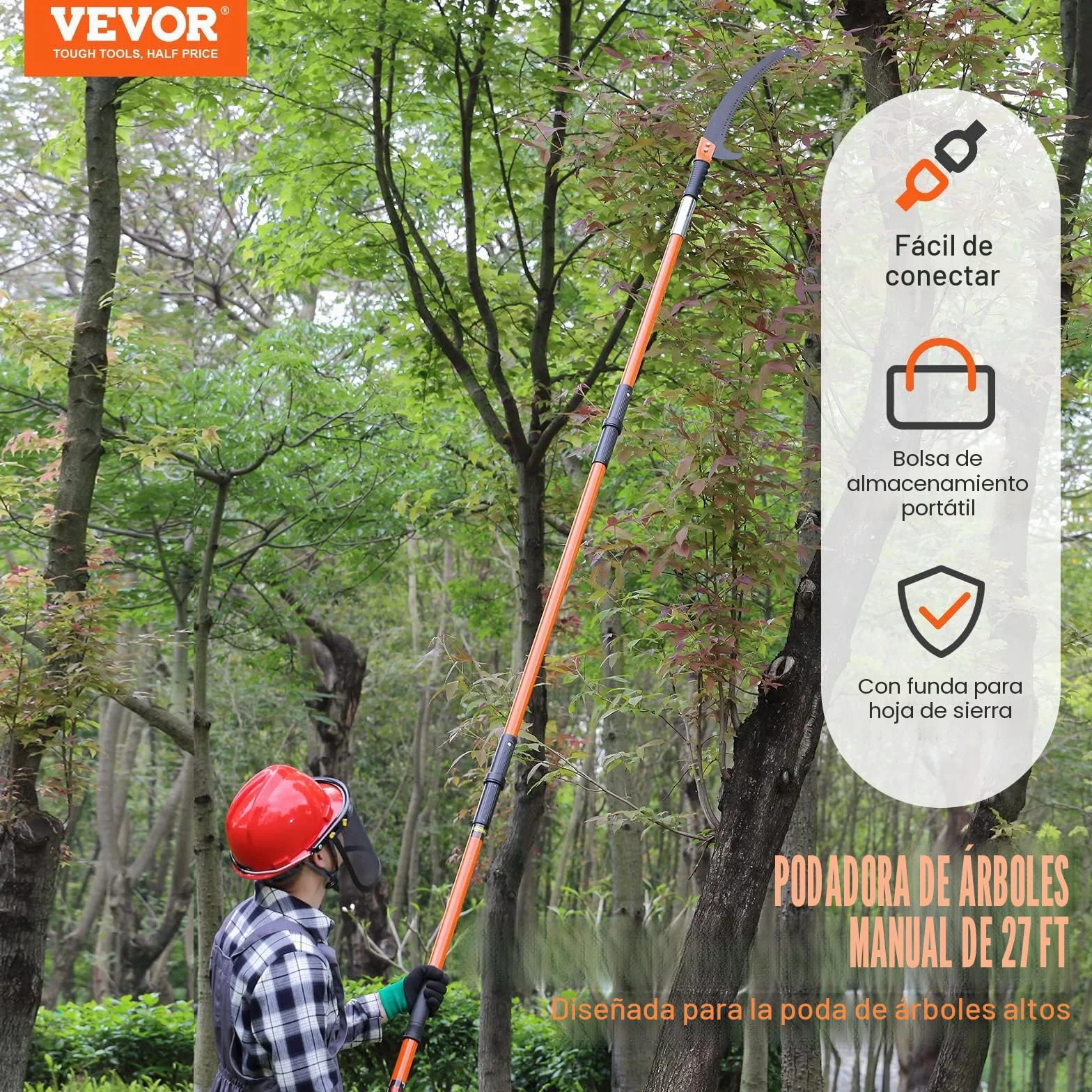 VEVOR Sierra de Poda Telescópica 2,24-8,24 m con Hoja de Acero Cortante y Pértigas de Fibra de Vidrio