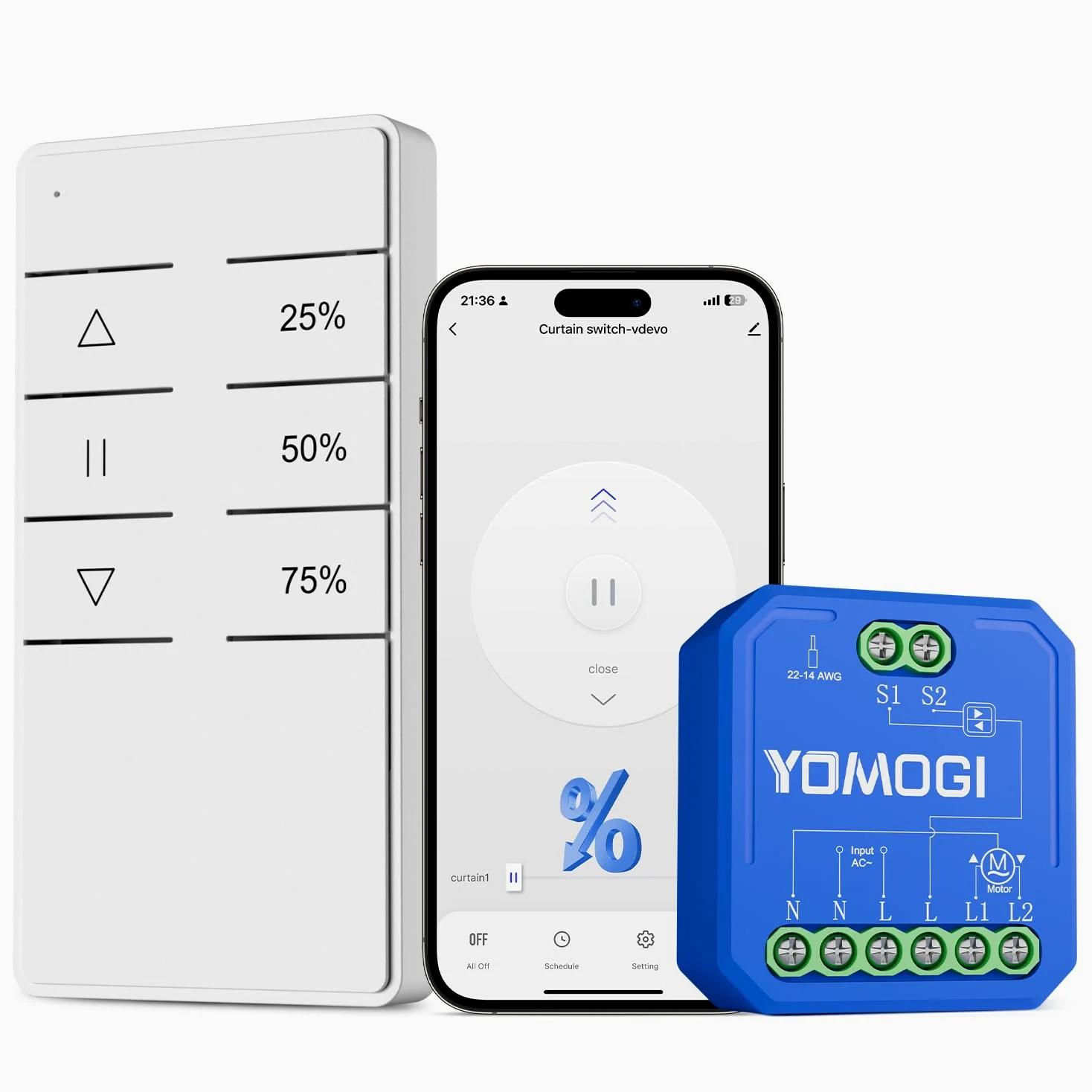 YOMOGI Módulo de Persiana Enrollable, Interruptor de Persianas Conectada con Mando a Distancia RF, Módulo WiFi Compatible con Alexa Google Home para Control de Porcentaje, Control por Voz (1)