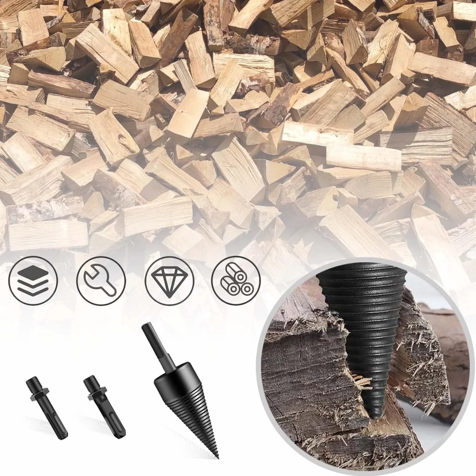 Cono de Madera para Cortar Madera, 42 mm Juegos de Brocas, Conos para Troncos, con 3 asas de Taladro, Adecuadas para Divisores de Madera, Divisores de T