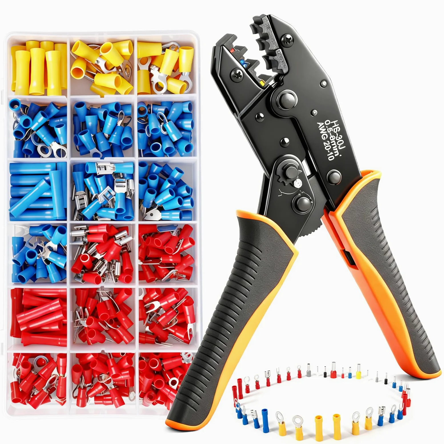 Crimpadora Terminales Eléctricos, 18 Modelos [0,5-6 mm²], Set Alicates Terminales Electricos, Juego de Alicates Crimpadores con 350 Conectores Crimpados Incluidos, Herramienta de Crimpado