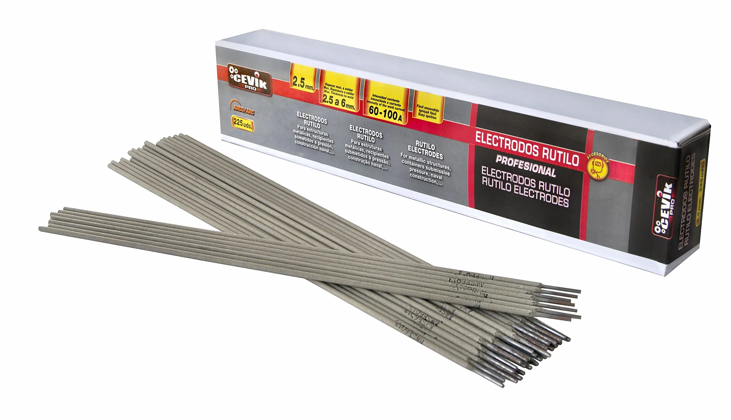 CEVIK PRO - Electrodos Soldadura 2,5 mm - Pack 225 Unidades - Soldadura MMA - AWS E6013 - Rutilo Accesorios Soldadura Electrodo - Arco Estable - Fácil Encendido - Soldadores Domésticos/Profesionales