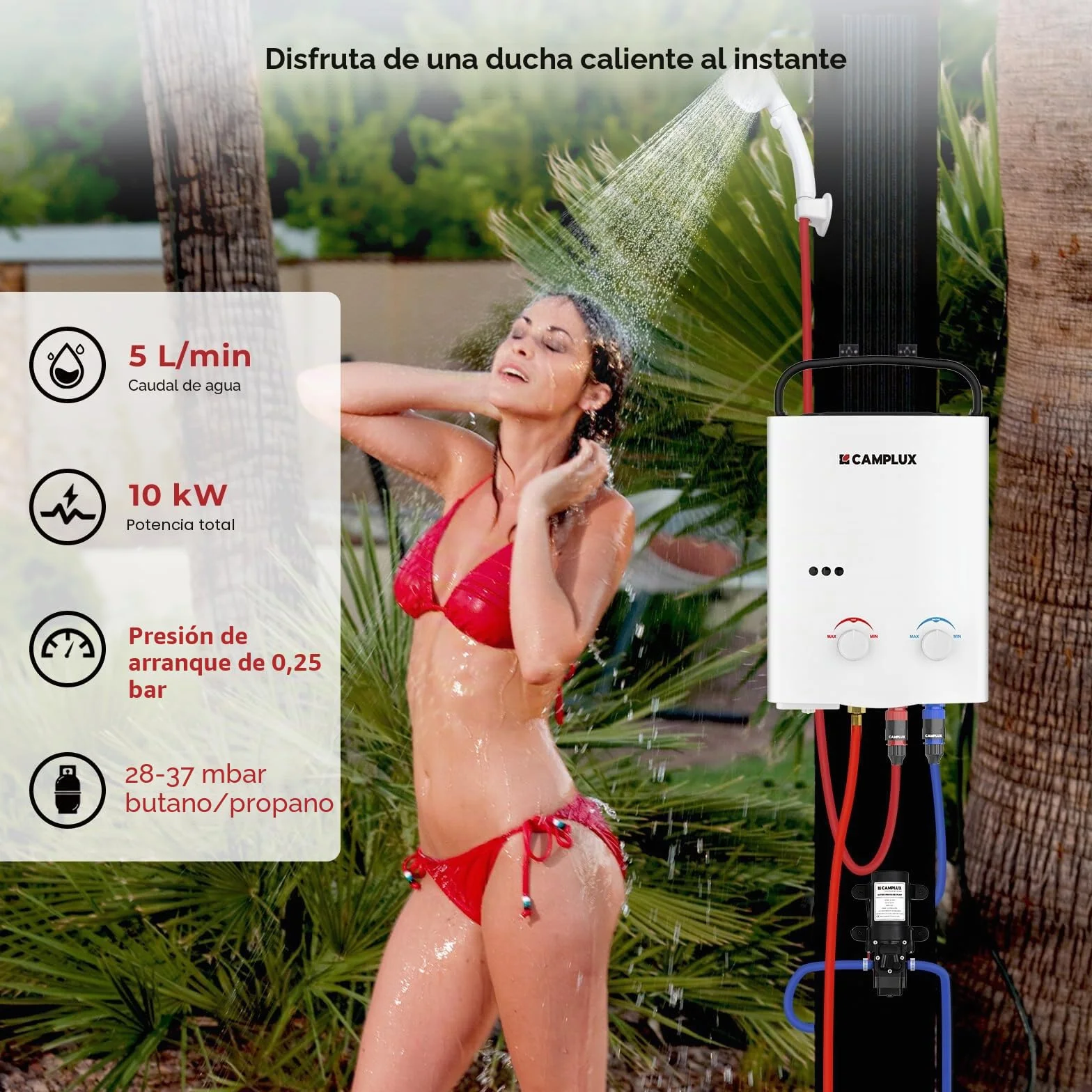 Camplux AY132P43 5L Calentador de Agua de Gas sin Tanque, Bomba de Agua 4.3L para Viaje RV Campamento