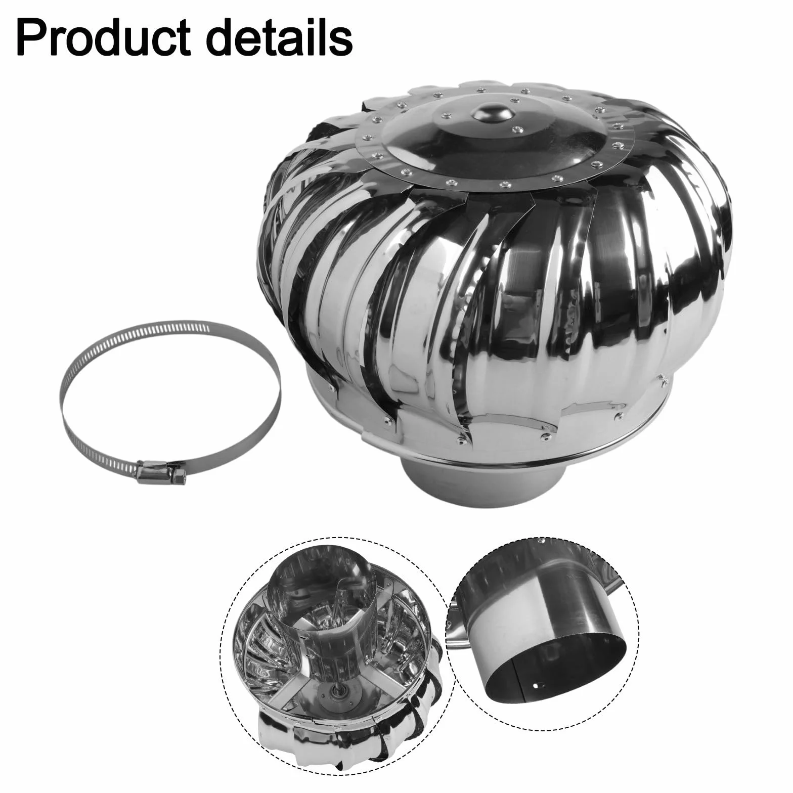Ventilador de techo no alimentado de acero inoxidable 304 de 110 mm | Ventilación de aire de turbina impulsada por el viento para cocina, baño, escape de fábrica