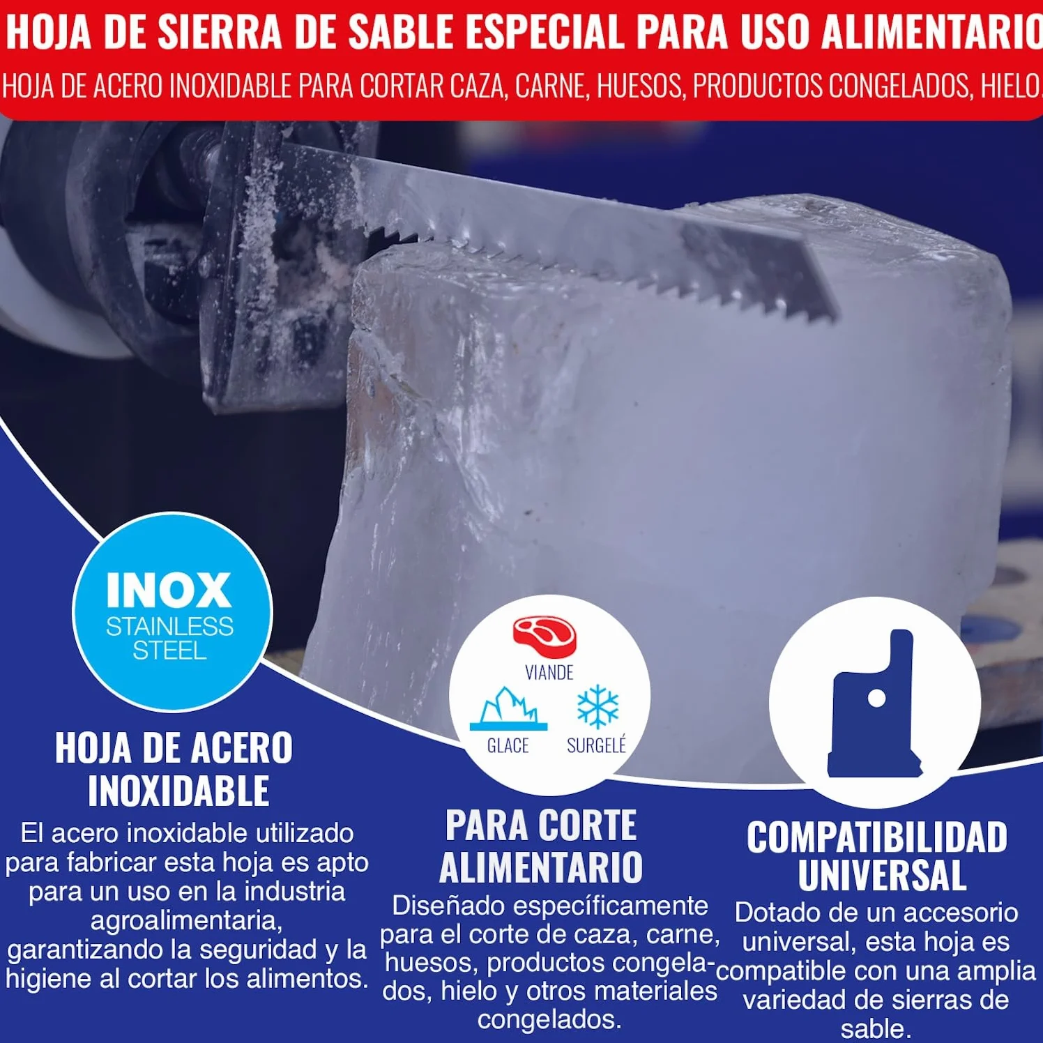 TIVOLY - Hoja de Sierra de Sable Especial para Uso Alimentario - Hoja de Acero Inoxidable para Corte de Caza, Carne, Huesos, Productos Congelados, Hielo