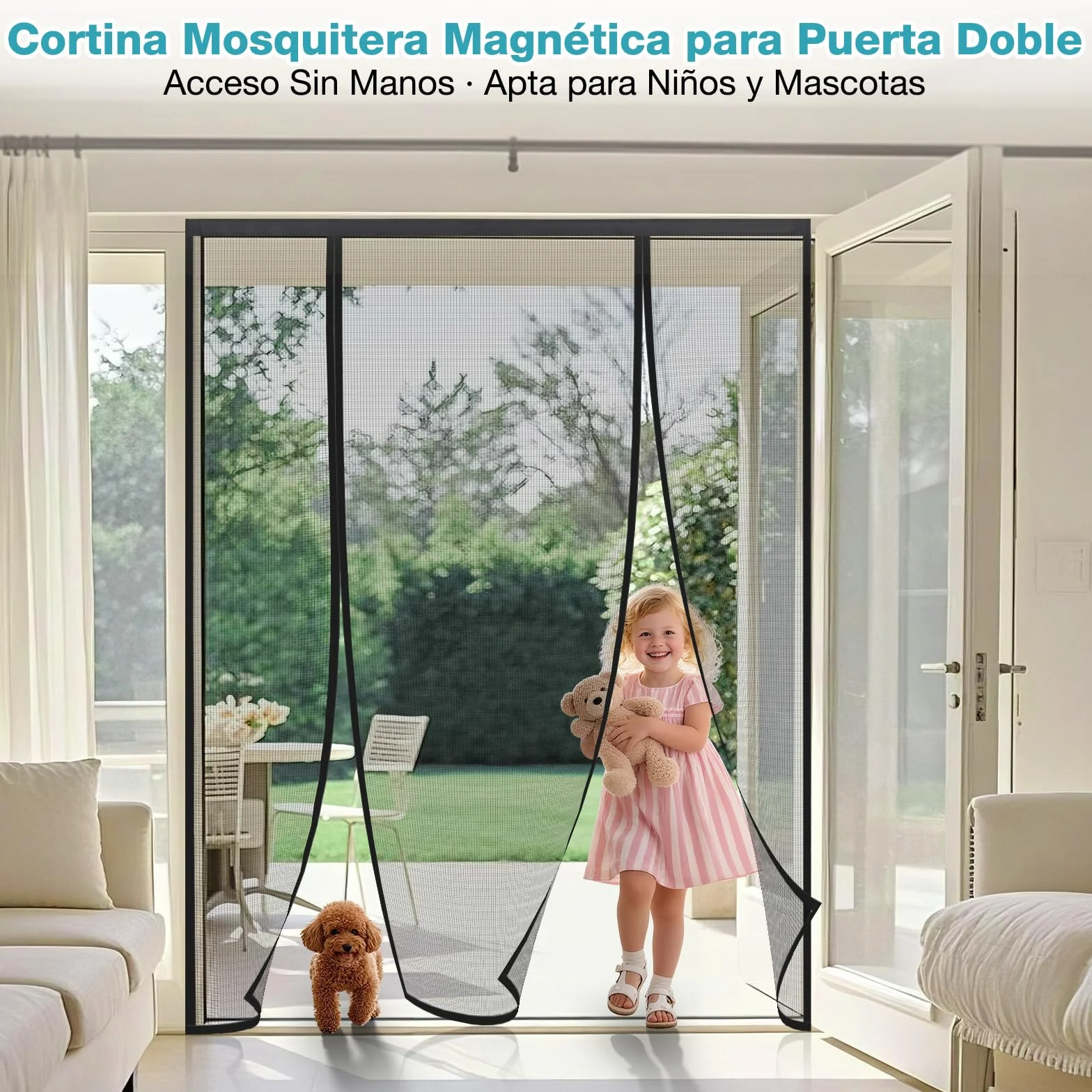 Mosquitera Puerta Magnética 160x220 cm Negro, Translucida con Doble Apertura Lateral, Cortina Antimosquitos Se Cierra Automáticamente, para Puerta Doble Balcón Patio Exterior