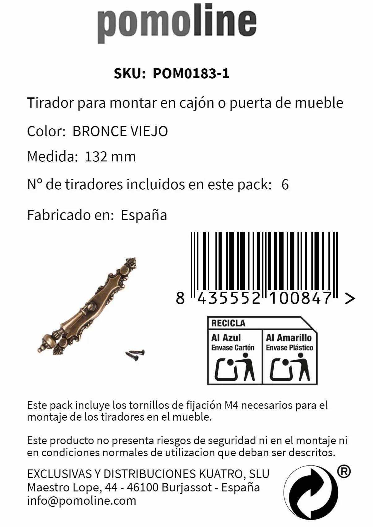 6 Un. TIRADOR Péndulo bronce envejecido Cajón Mueble clásico 132x24MM