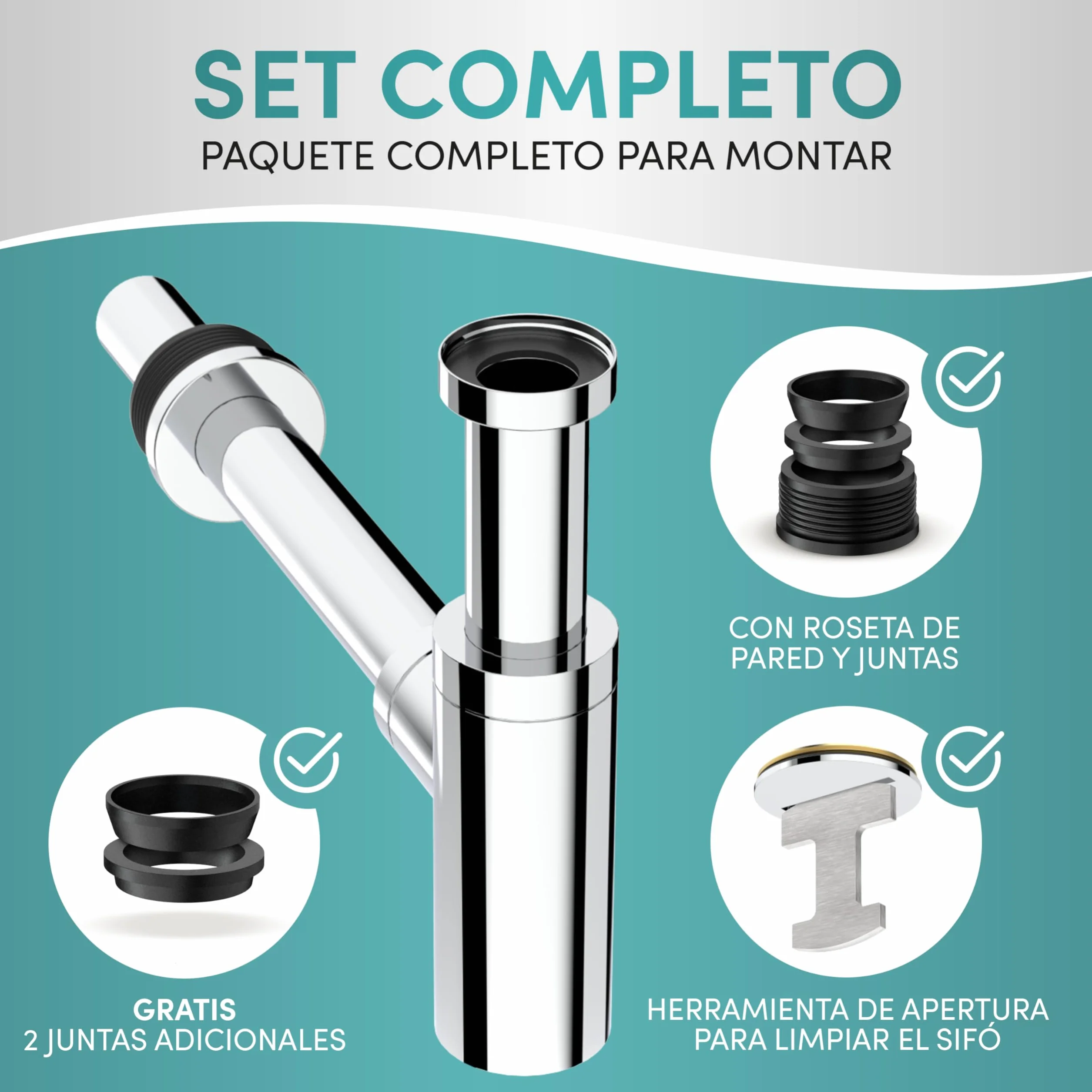 Engelbach Sifón lavabo 1 1/4" cromado desagüe universal con apertura limpieza