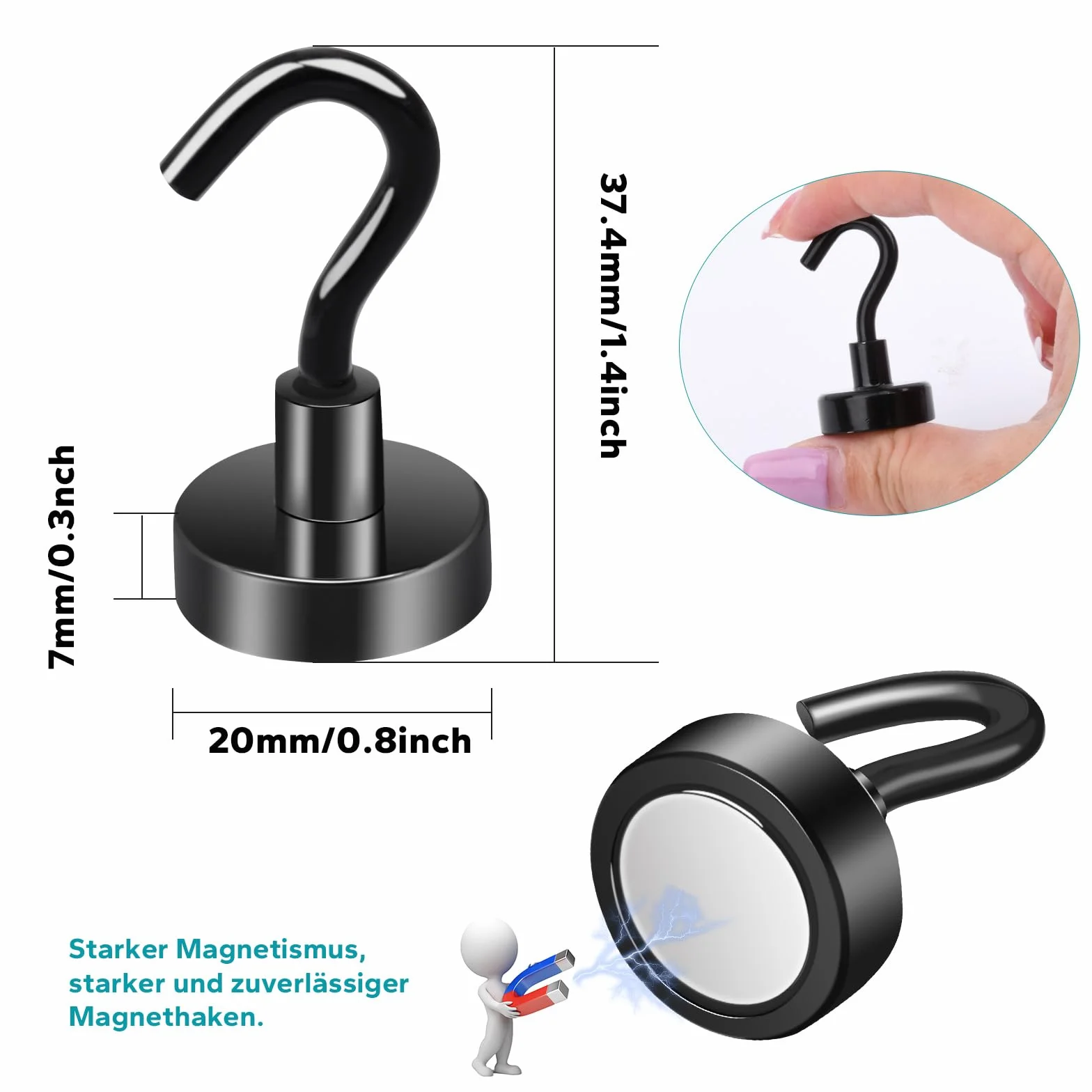 MIN CI 18pcs Ganchos Magnéticos Extra Fuertes, 20mm Iman Gancho, Imanes Fuerte, Imanes Neodimio Negro, Ganchos Cocina Extrafuertes Para Camping Garaje Cocina Oficina