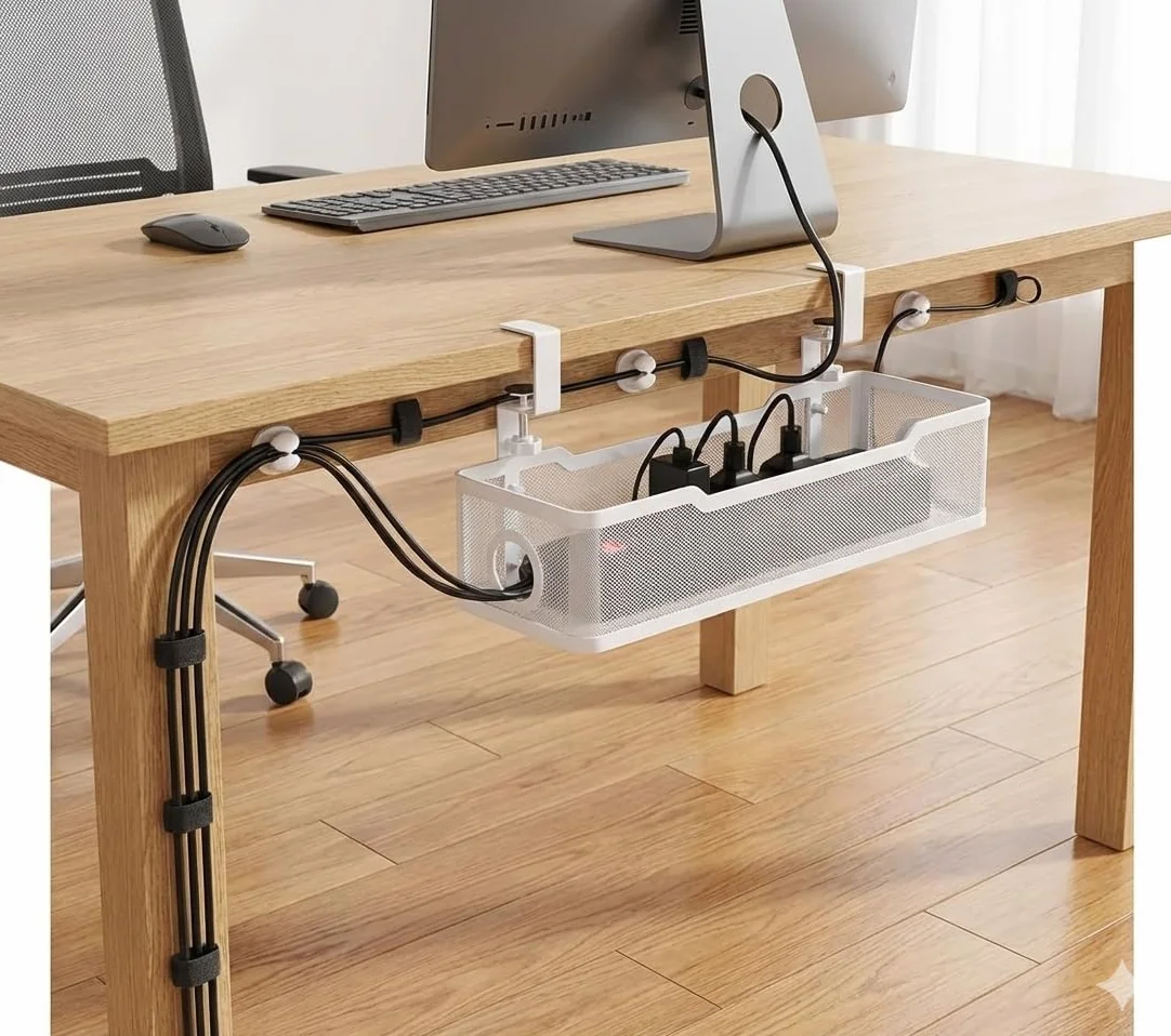 Organizador Cables Escritorio Bajo Mesa – Bandeja Organizadora de Cables Metálica sin Taladro para Regletas y Cargadores – Soporte Cable Management Oficina y Home Office (Negro)
