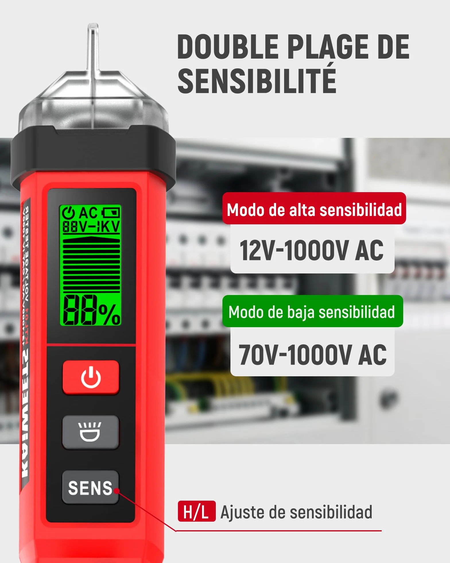 KAIWEETS Detector de Voltaje NCV 12-1000V AC Probador con Pantalla LCD Indicador Señal Alarma Sonora Linterna LED Buscapolos Eléctrico ETL CAT IV