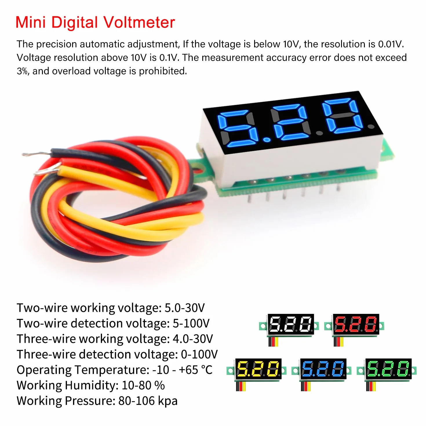 YIXISI Mini Digital LED Voltímetro 0.28" 0-100V DC 3 Cables Protección de Polaridad Medición Precisa