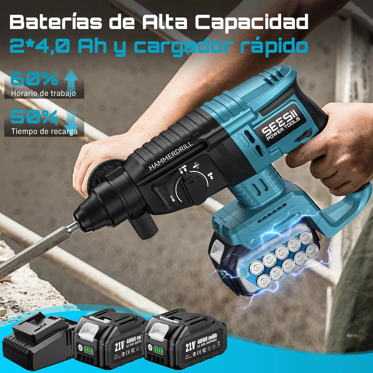 Seesii 3-in-1 Martillo Perforador a Baterías: 2,5J Potente Martillo Percutor sin cable con Motor sin escobillas, 2 * 4,0AH Baterías y Cargador, 5 piezas SDS-plus, Mango Antivibración, Para Bricolaje